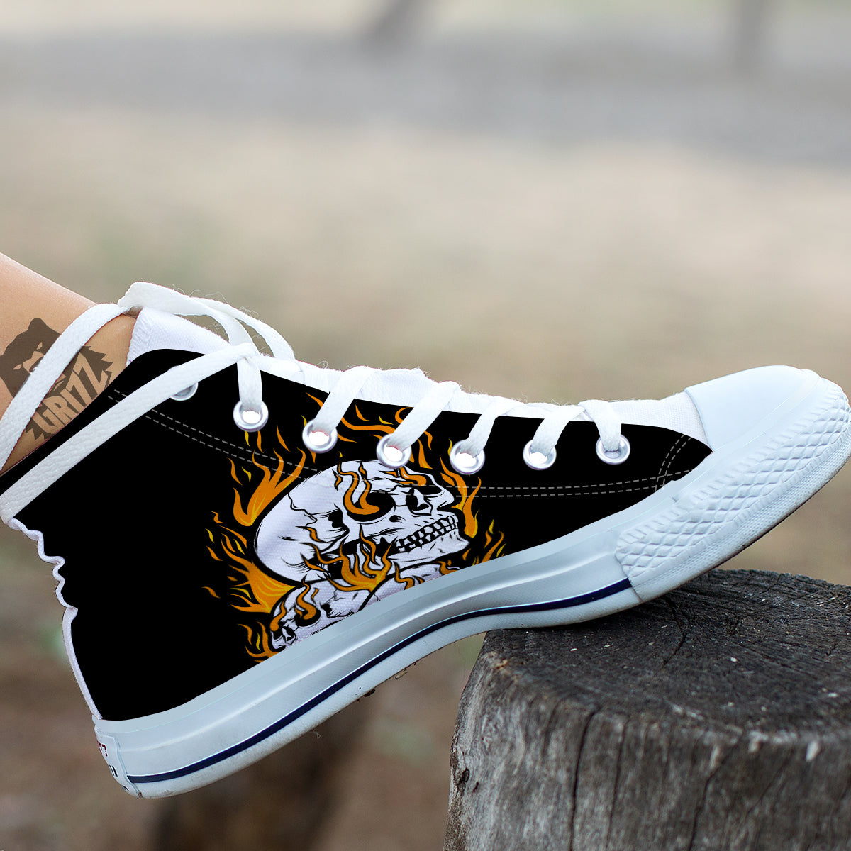Fire Skull Head Print White High Top Shoes-grizzshop