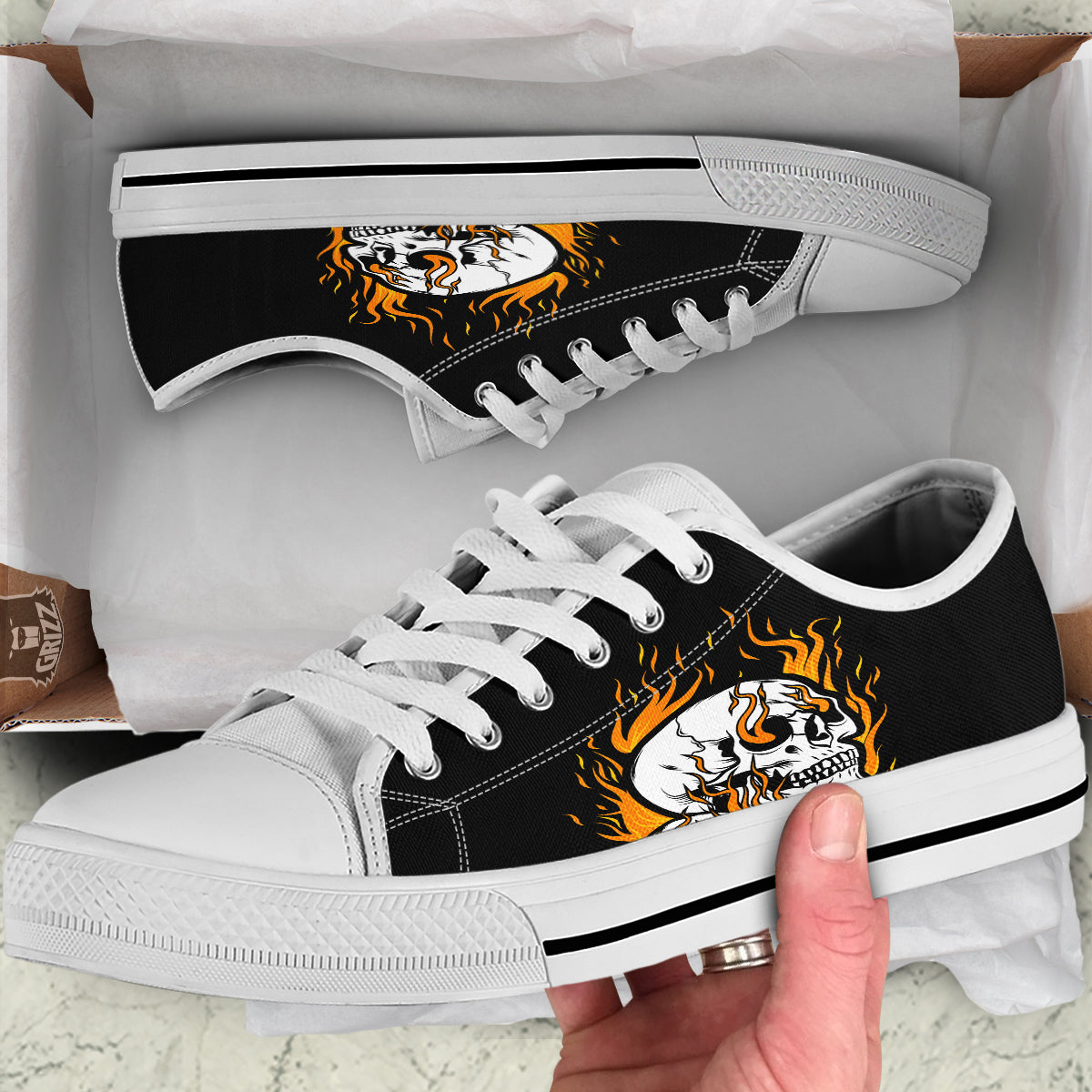 Fire Skull Head Print White Low Top Shoes-grizzshop