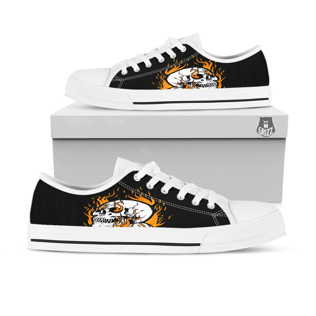 Fire Skull Head Print White Low Top Shoes-grizzshop