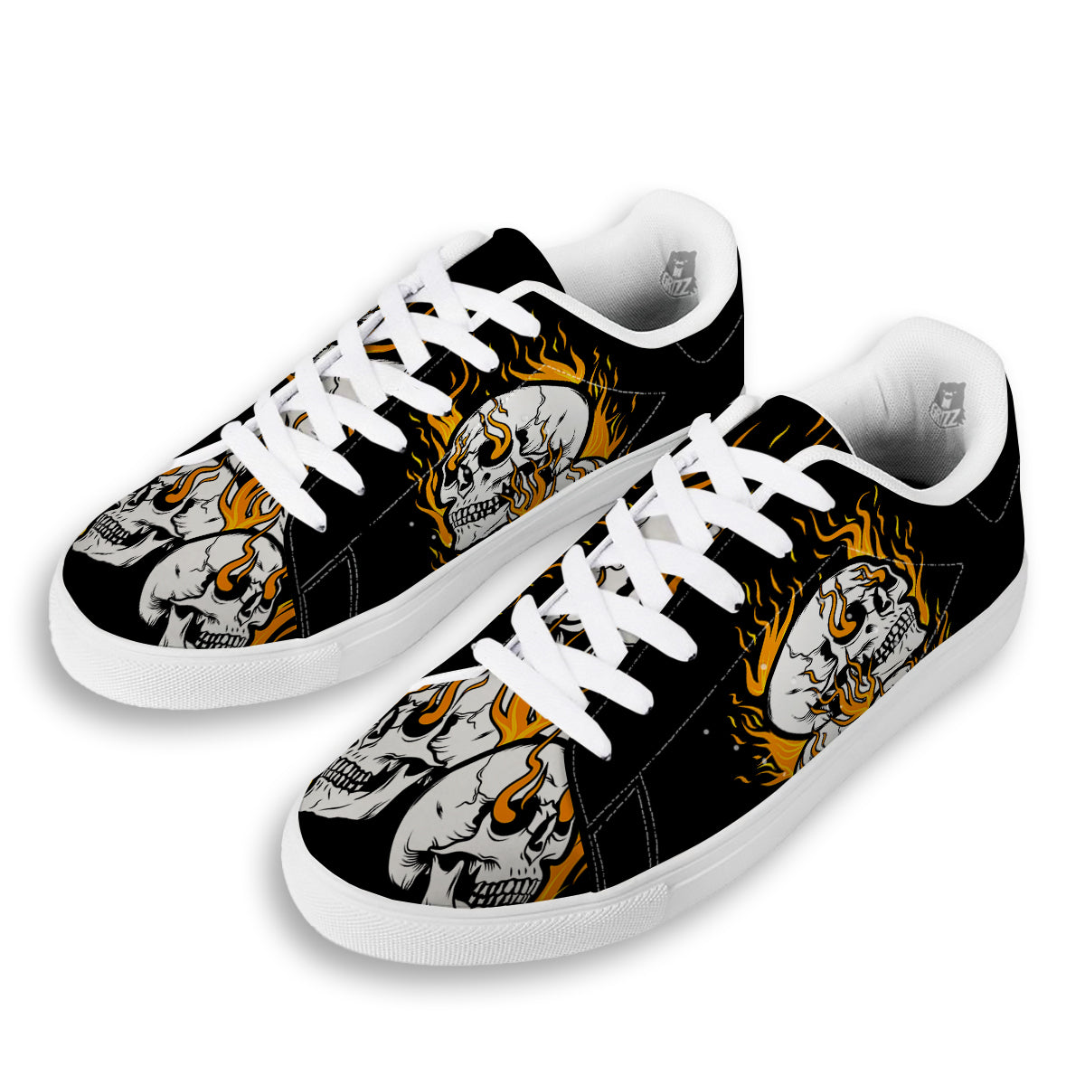 Fire Skull Head Print White Low Top Sneakers-grizzshop