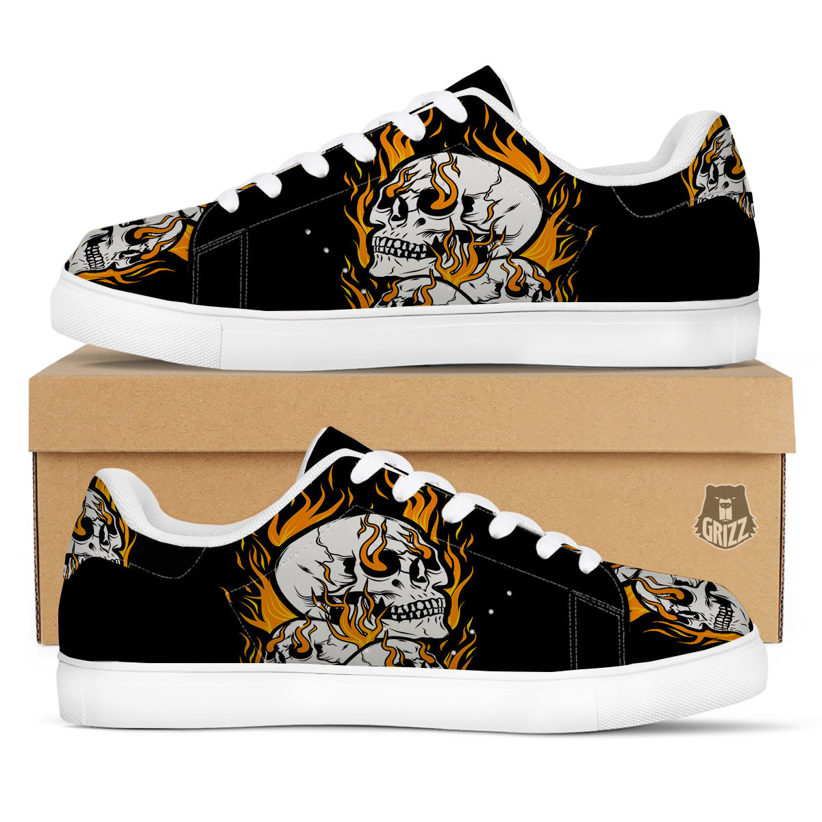 Fire Skull Head Print White Low Top Sneakers-grizzshop