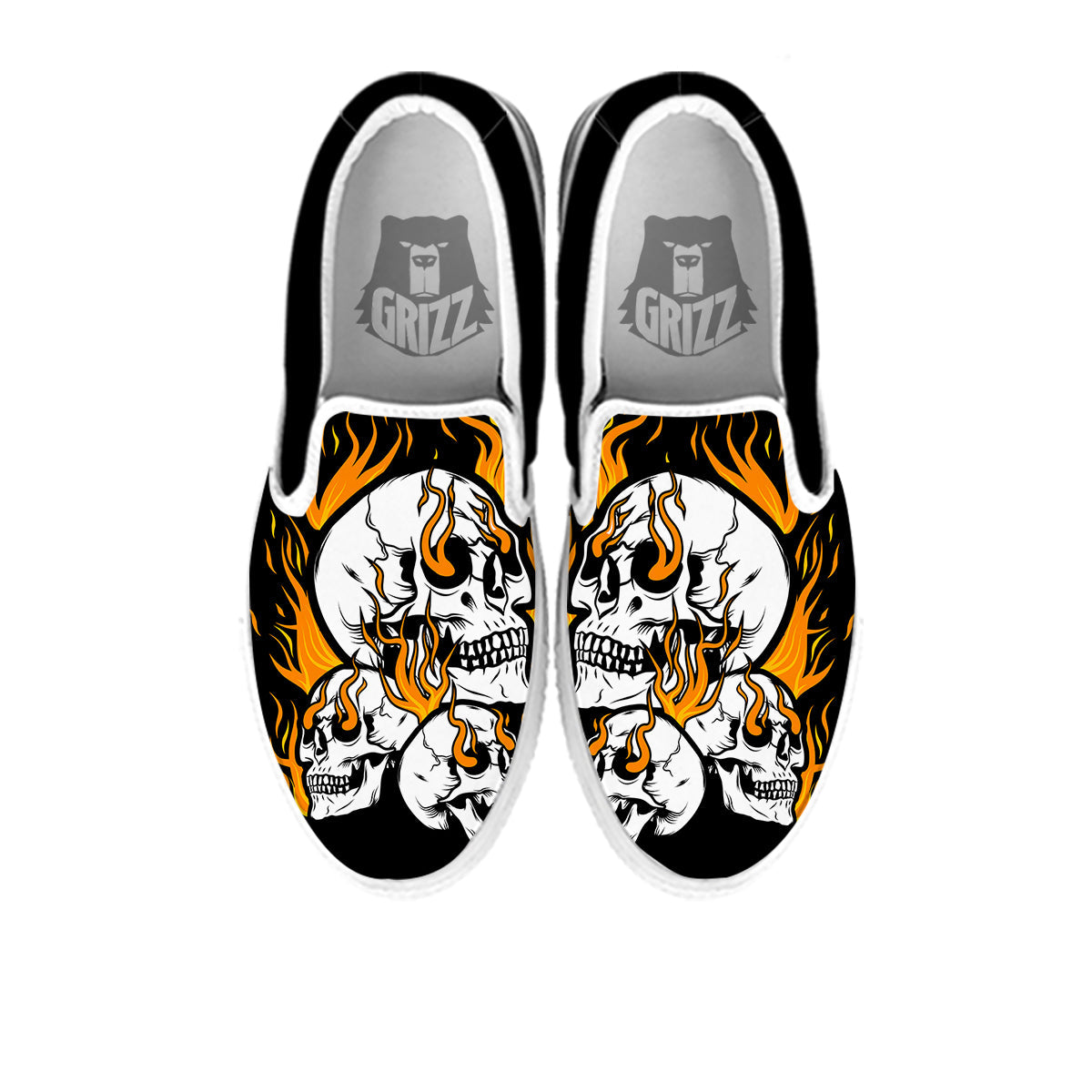Fire Skull Head Print White Slip On Shoes-grizzshop