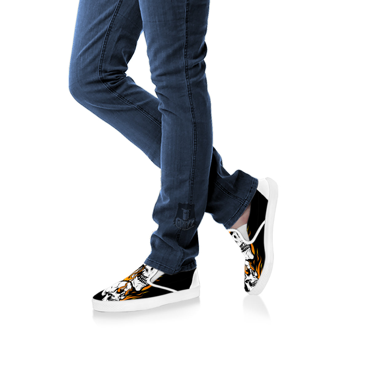 Fire Skull Head Print White Slip On Shoes-grizzshop