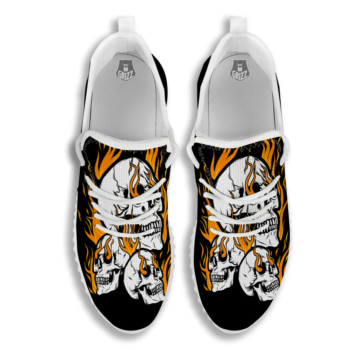 Fire Skull Head Print White Walking Shoes-grizzshop