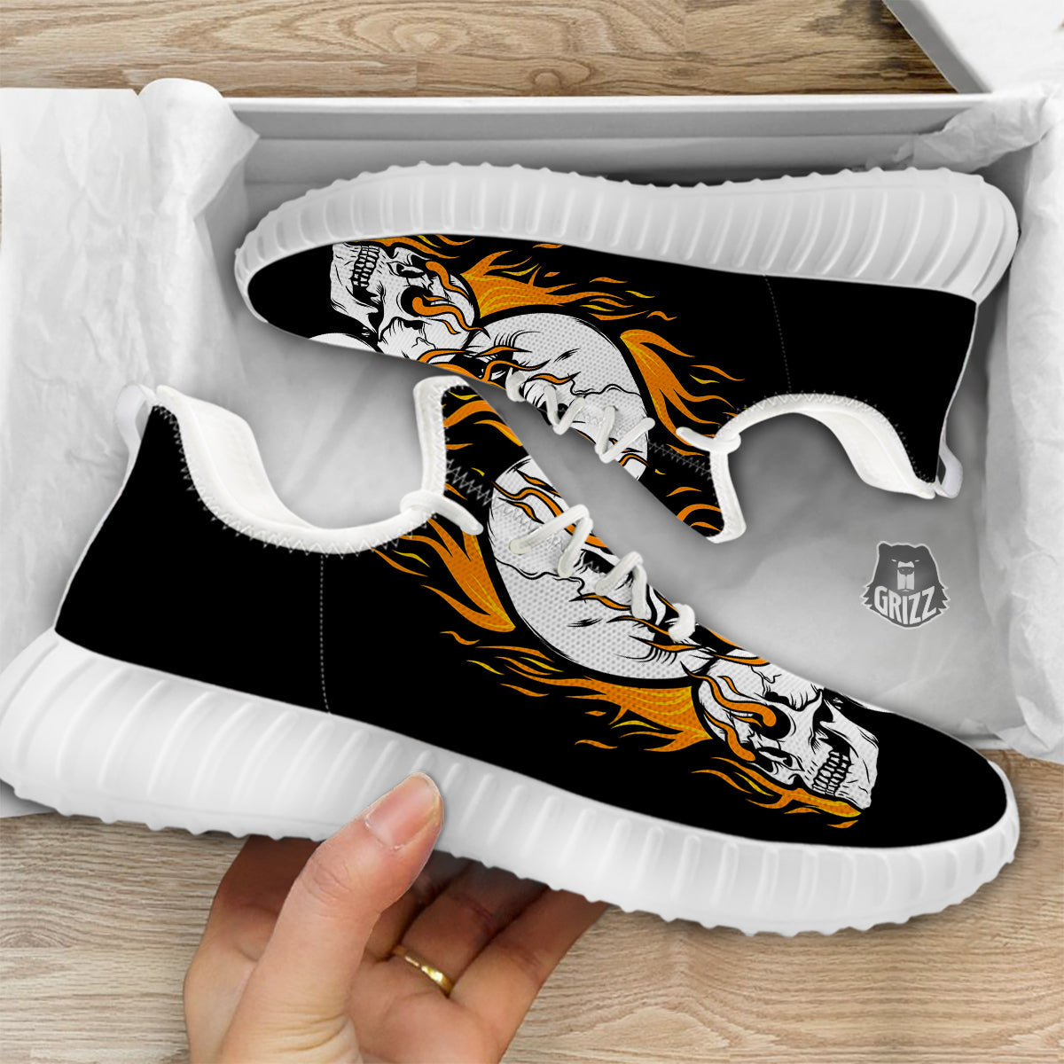 Fire Skull Head Print White Walking Shoes-grizzshop