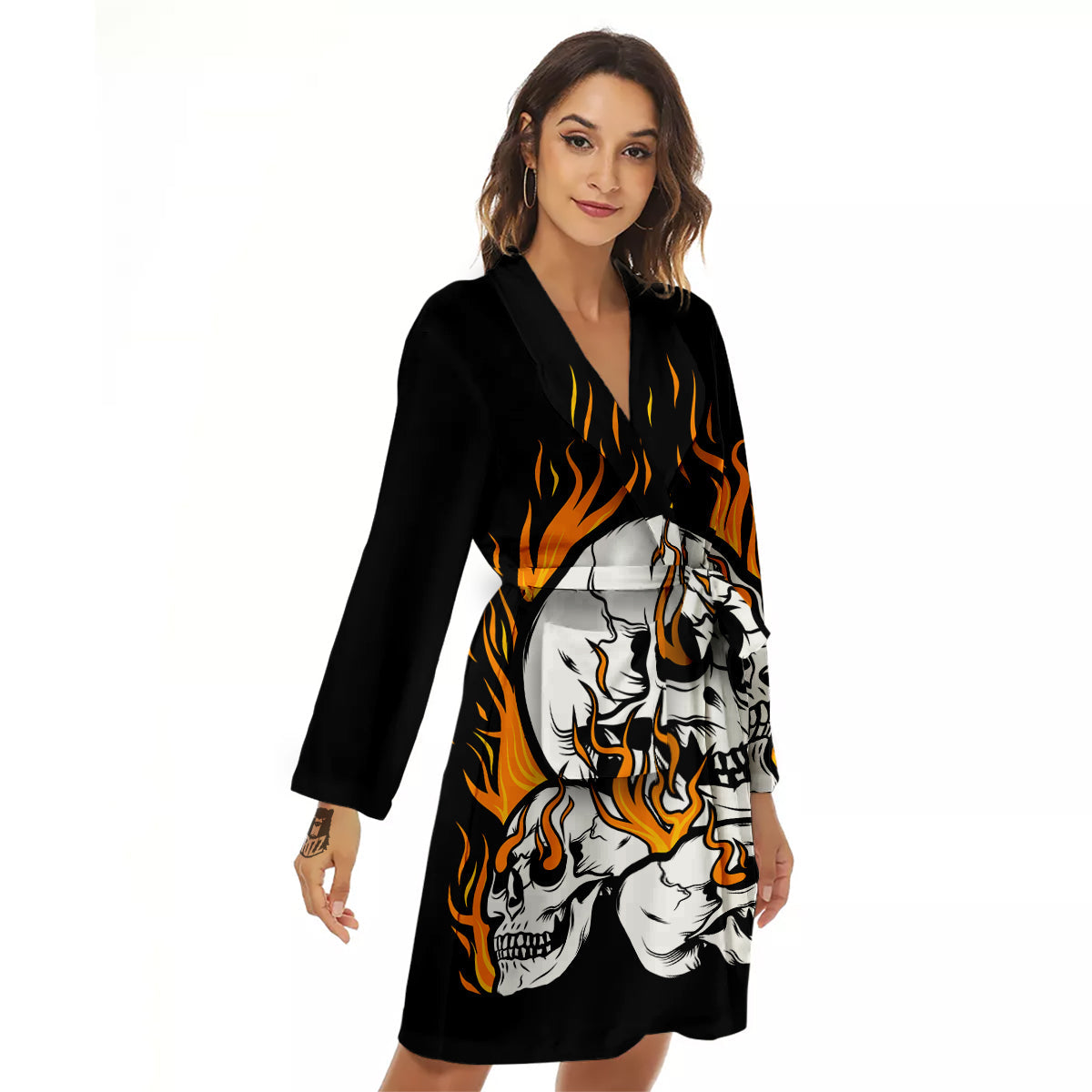Fire Skull Head Print Women's Robe-grizzshop