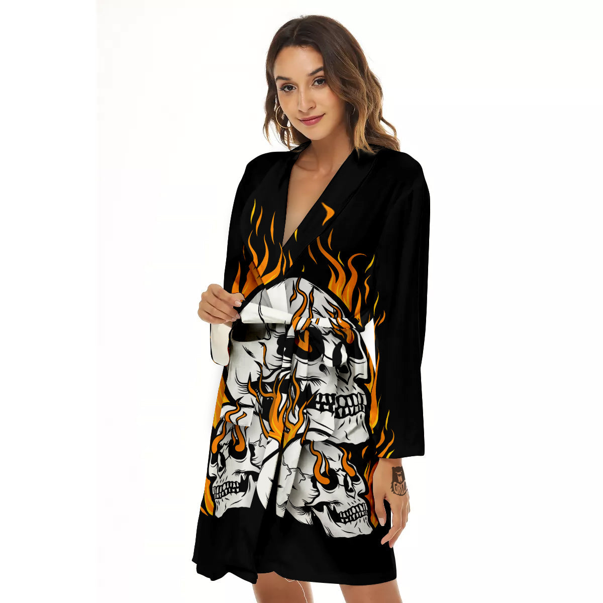 Fire Skull Head Print Women's Robe-grizzshop
