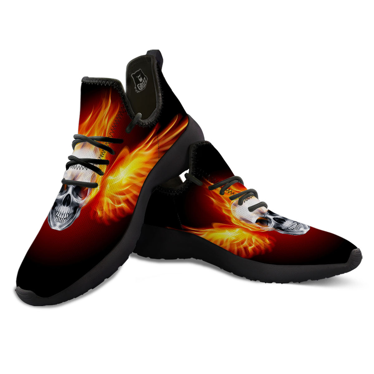 Fire Wings With Flaming Skull Print Black Athletic Shoes-grizzshop
