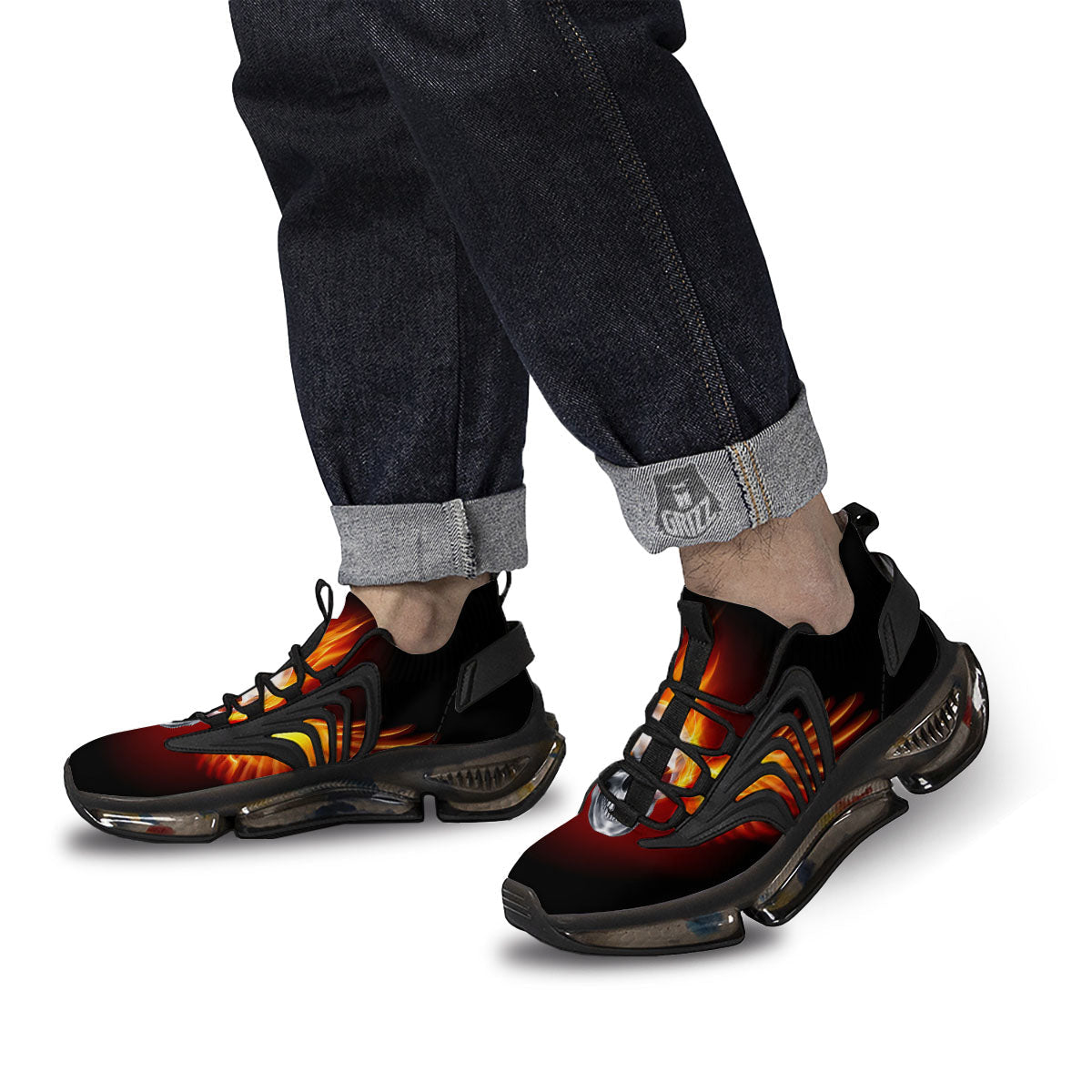 Fire Wings With Flaming Skull Print Black Gym Shoes-grizzshop