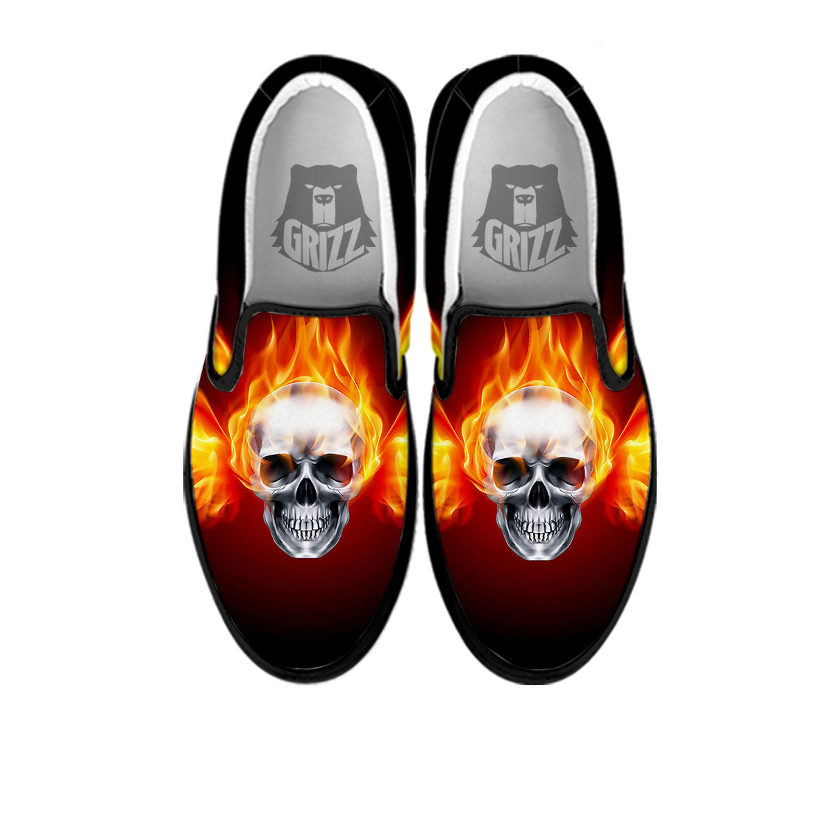 Fire Wings With Flaming Skull Print Black Slip On Shoes-grizzshop