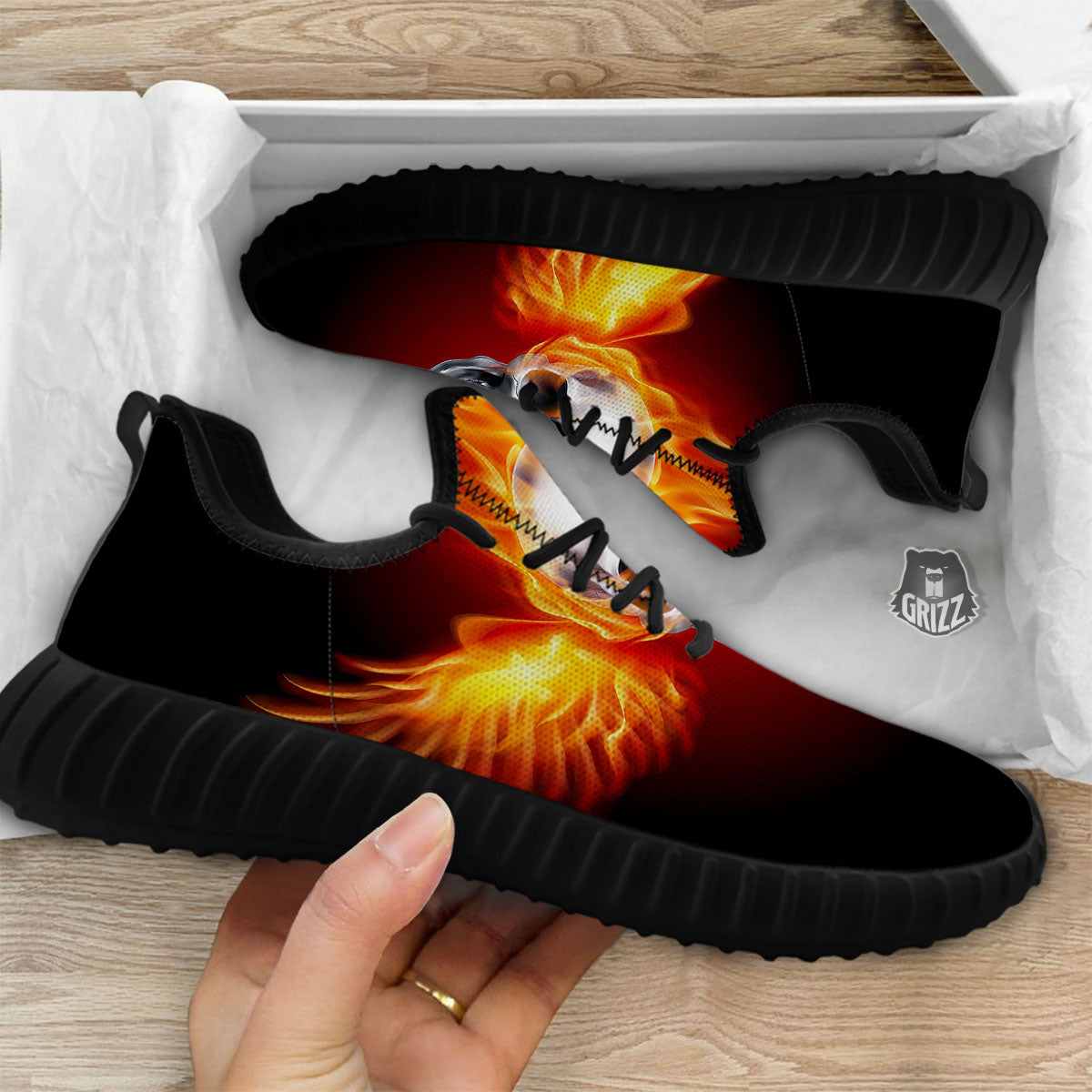 Fire Wings With Flaming Skull Print Black Walking Shoes-grizzshop