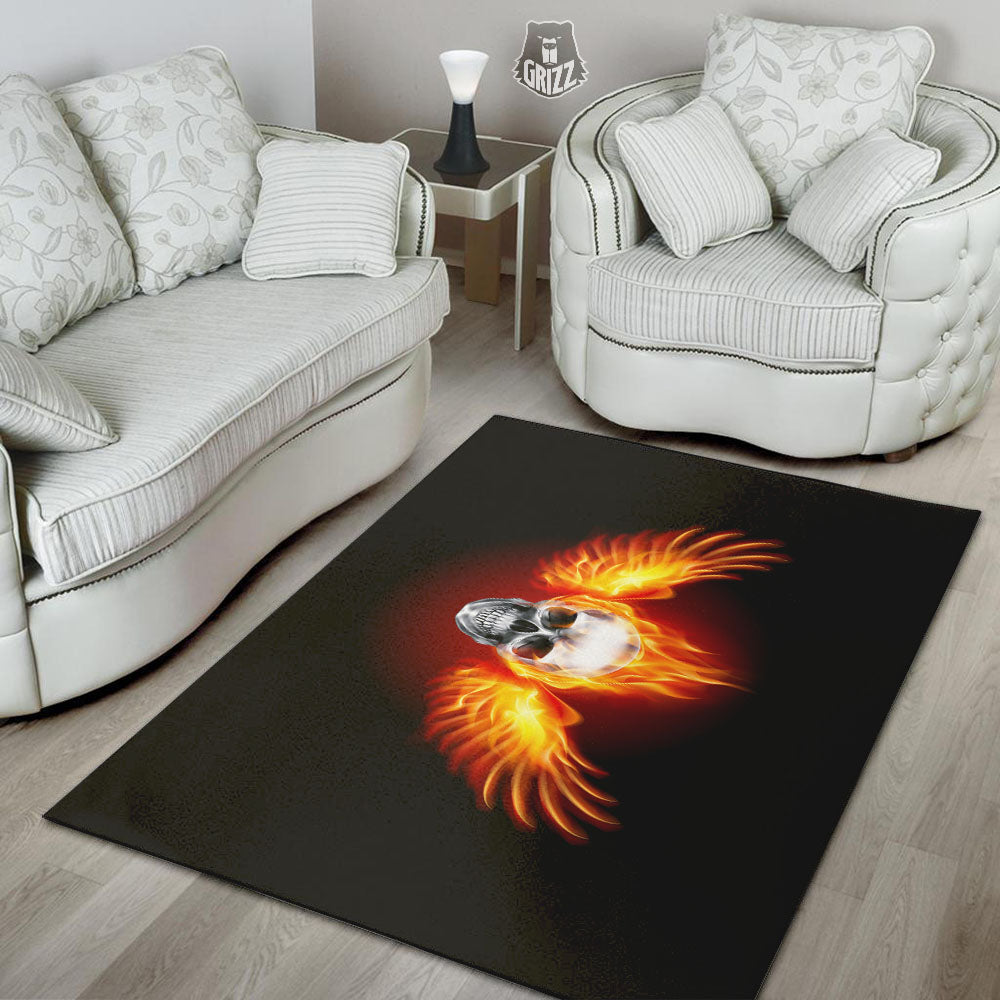 Fire Wings With Flaming Skull Print Floor Mat-grizzshop