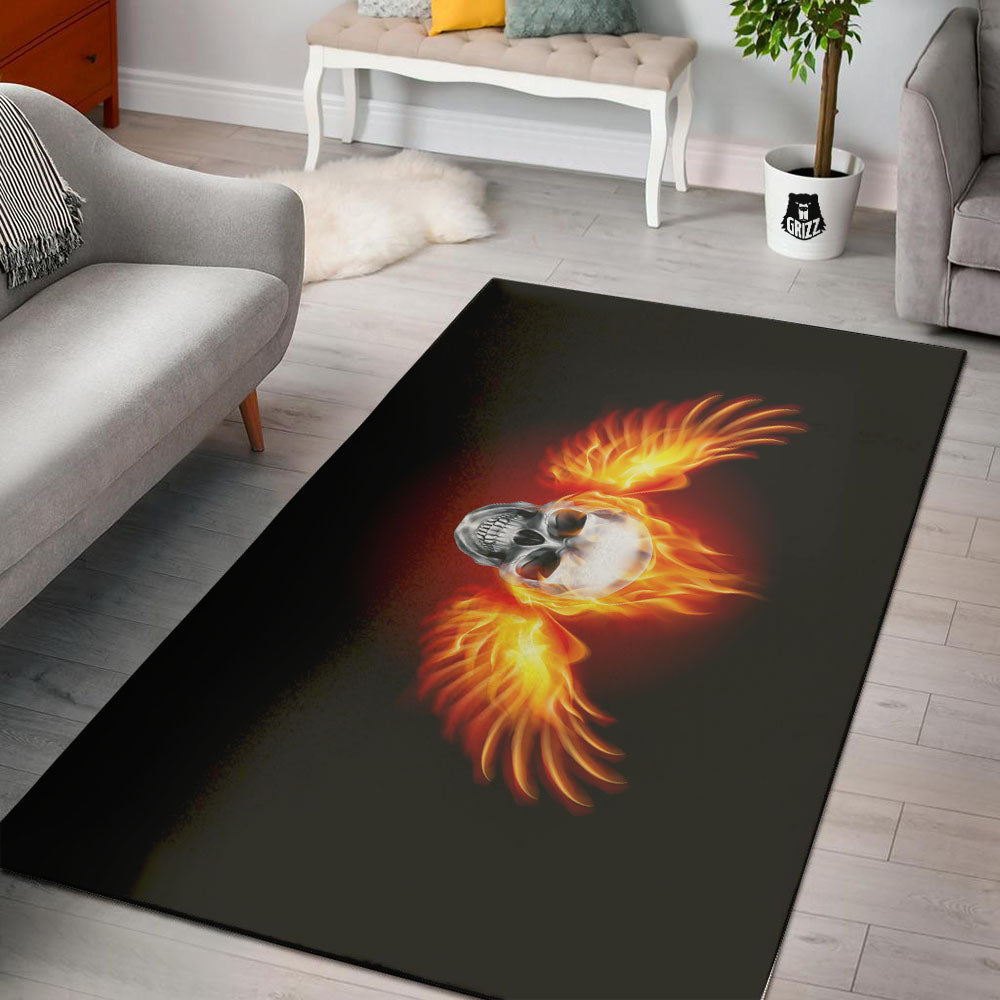 Fire Wings With Flaming Skull Print Floor Mat-grizzshop