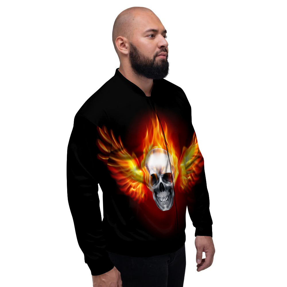 Fire Wings With Flaming Skull Print Men's Bomber Jacket-grizzshop