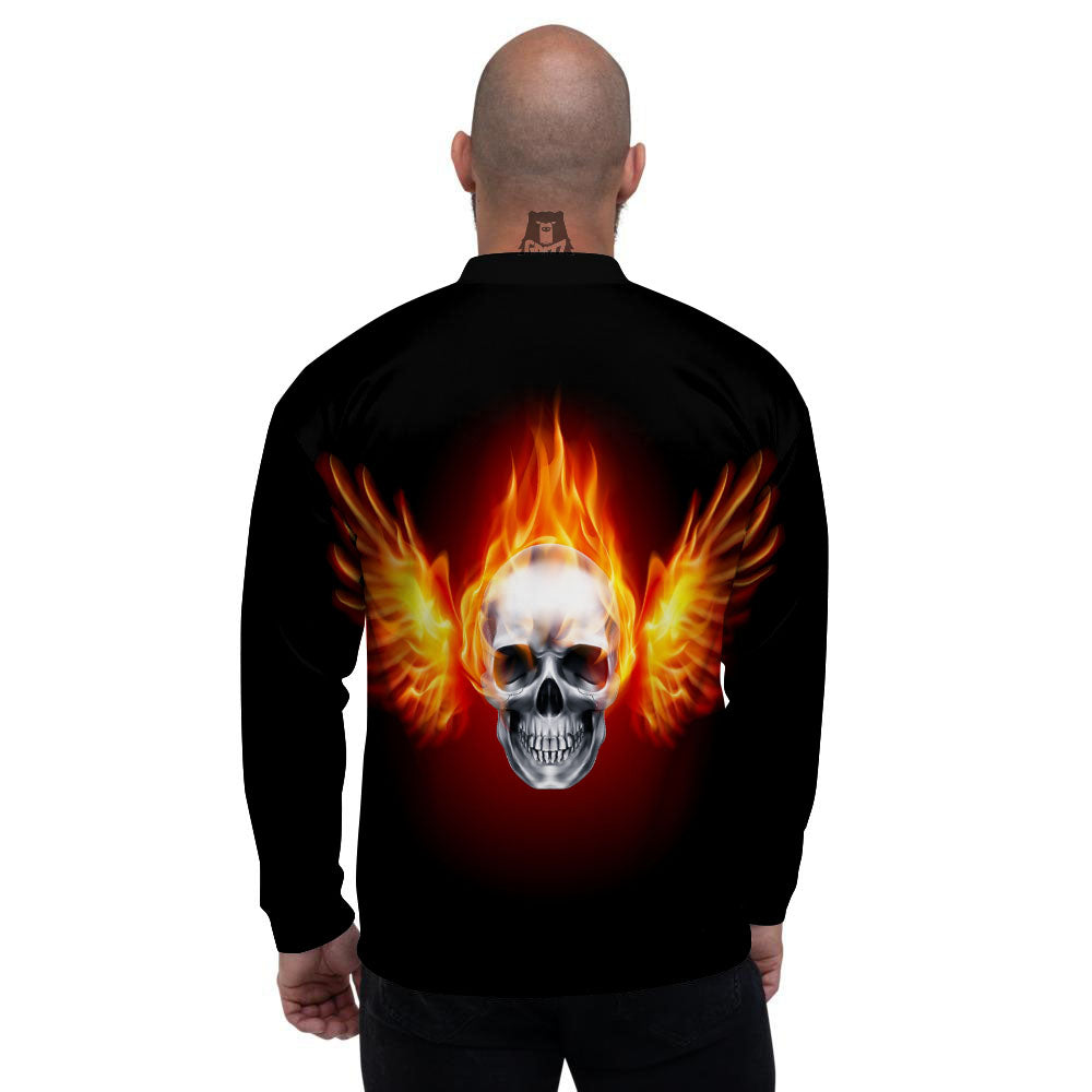 Fire Wings With Flaming Skull Print Men's Bomber Jacket-grizzshop