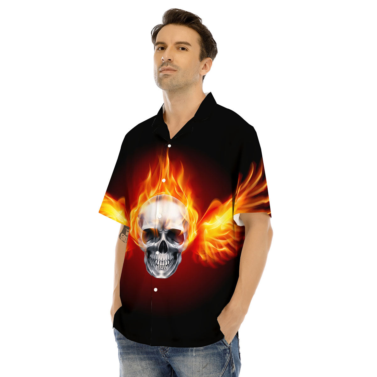 Fire Wings With Flaming Skull Print Men's Hawaiian Shirt-grizzshop