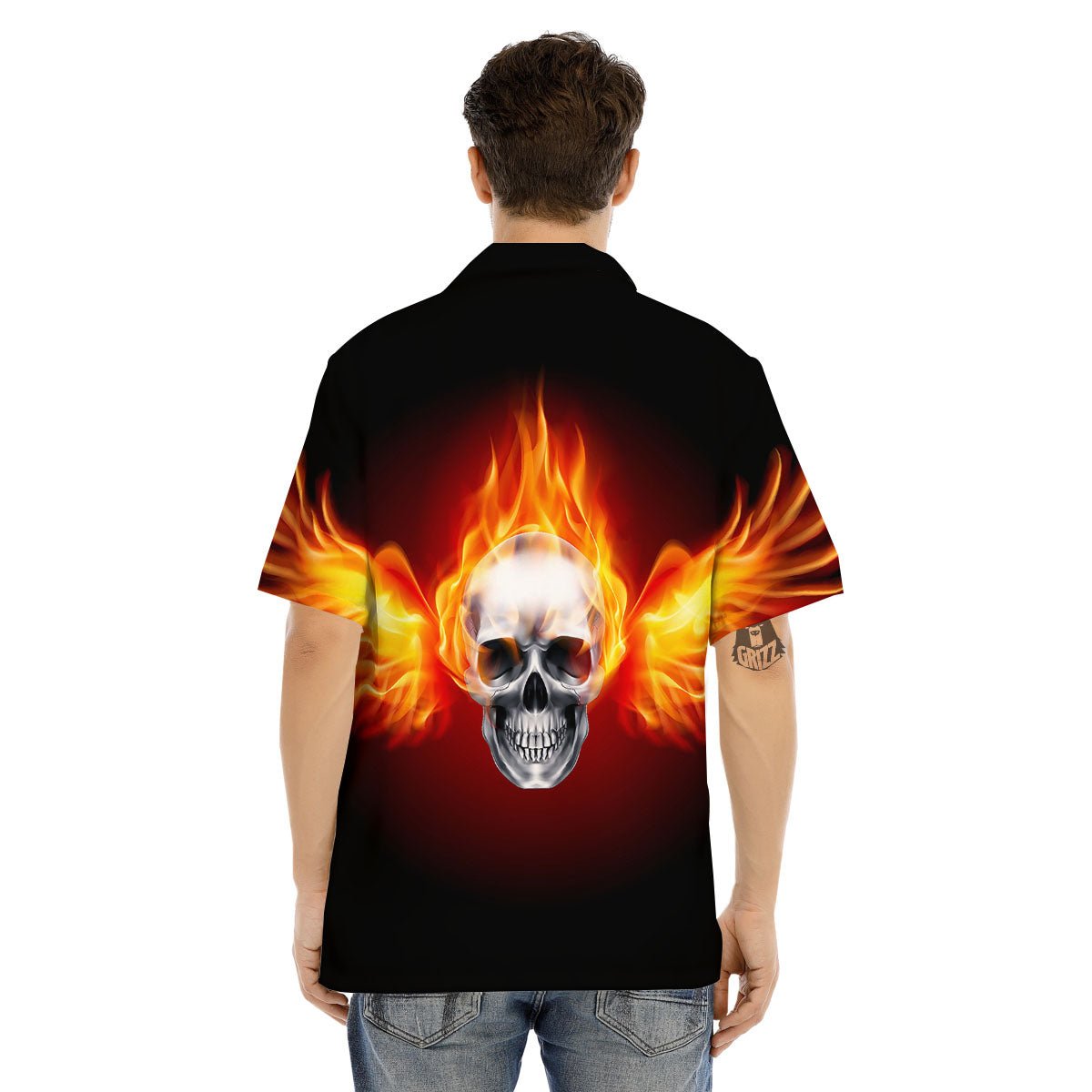Fire Wings With Flaming Skull Print Men's Hawaiian Shirt-grizzshop