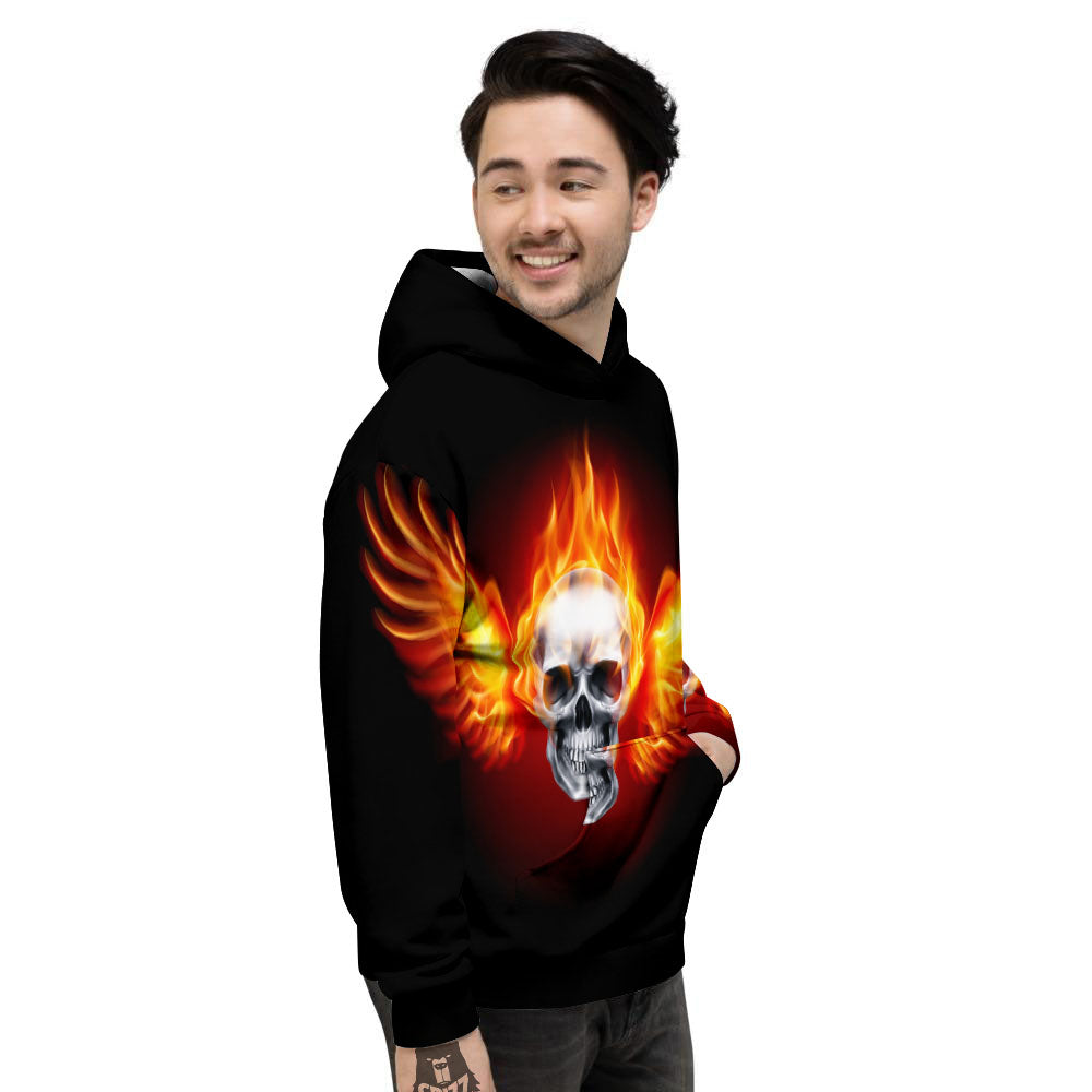Fire Wings With Flaming Skull Print Men's Hoodie-grizzshop
