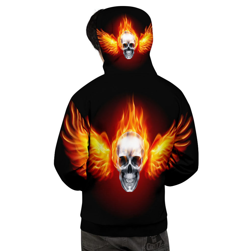Fire Wings With Flaming Skull Print Men's Hoodie-grizzshop