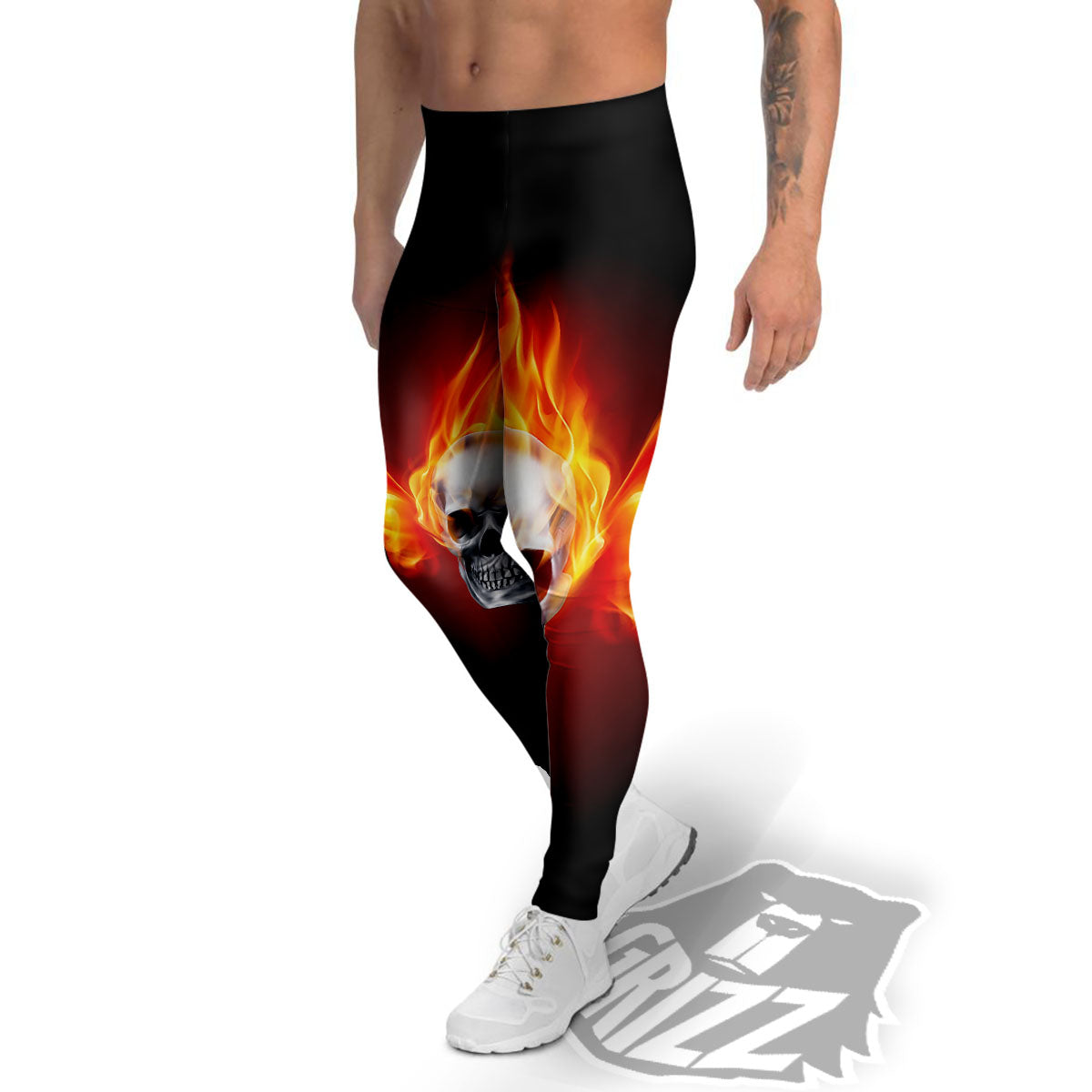 Fire Wings With Flaming Skull Print Men's Leggings-grizzshop