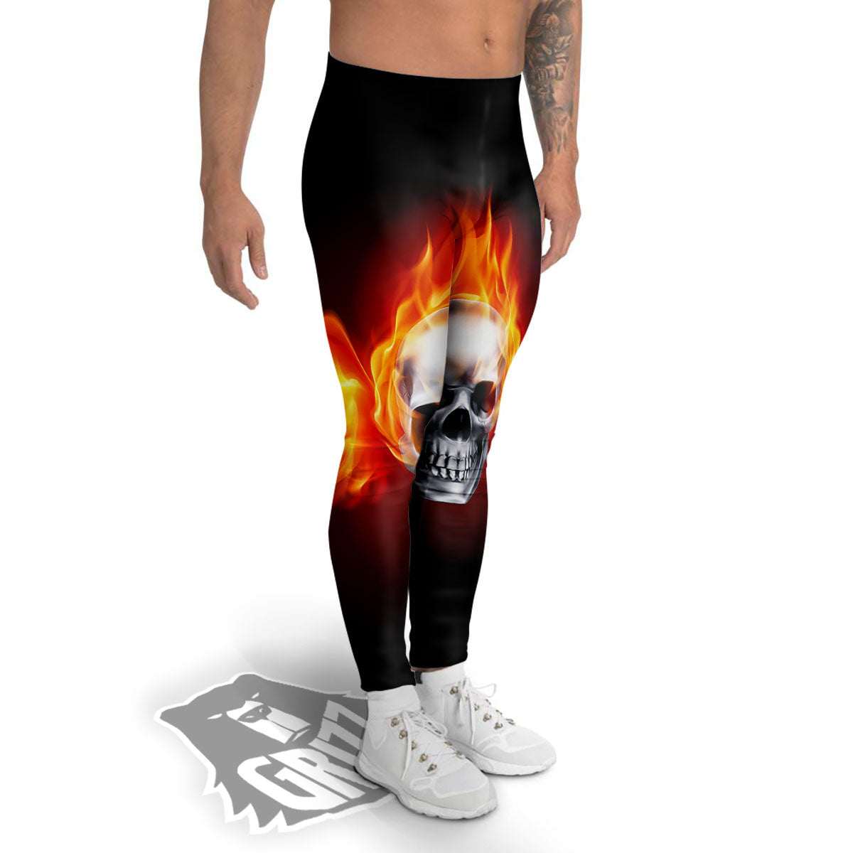 Fire Wings With Flaming Skull Print Men's Leggings-grizzshop