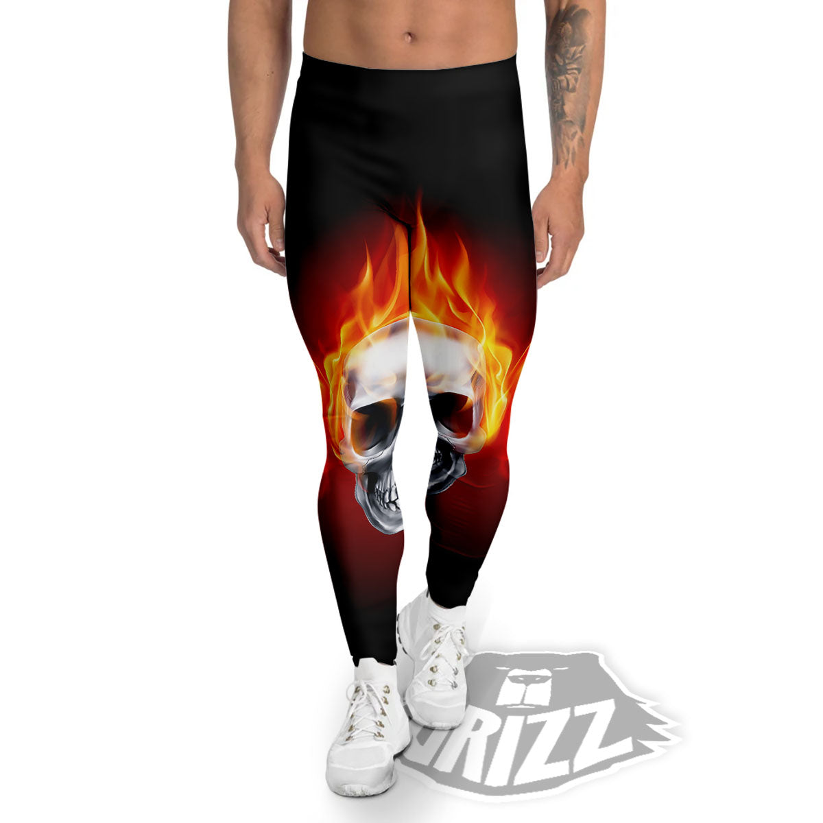 Fire Wings With Flaming Skull Print Men's Leggings-grizzshop