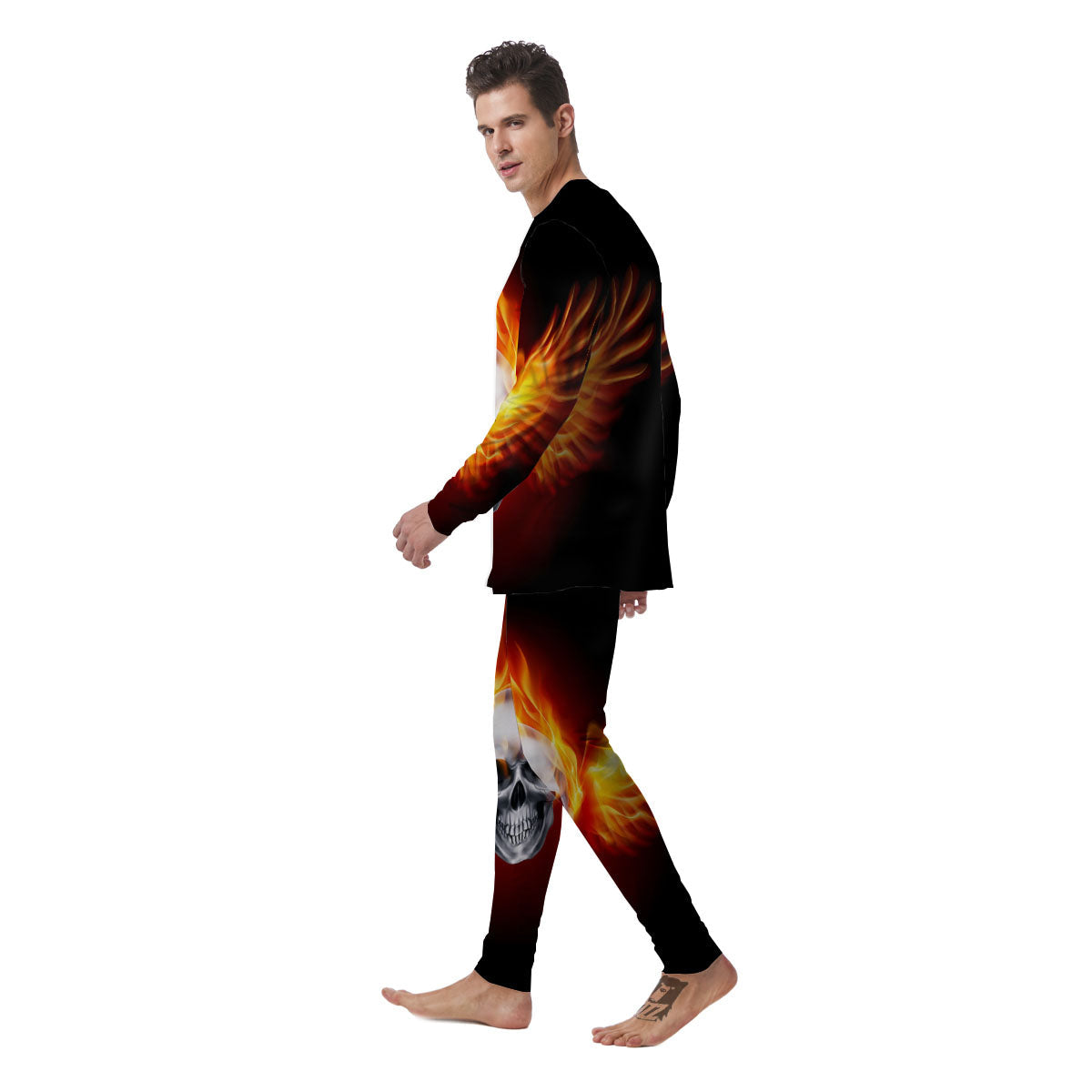 Fire Wings With Flaming Skull Print Men's Pajamas-grizzshop