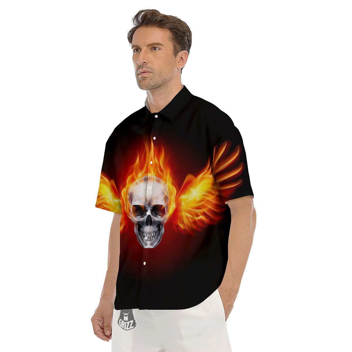 Fire Wings With Flaming Skull Print Men's Short Sleeve Shirts-grizzshop