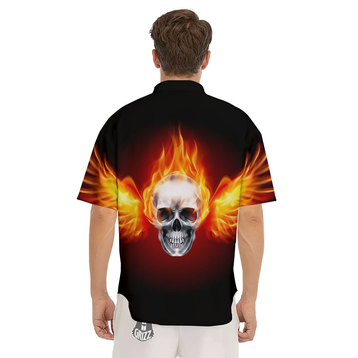 Fire Wings With Flaming Skull Print Men's Short Sleeve Shirts-grizzshop