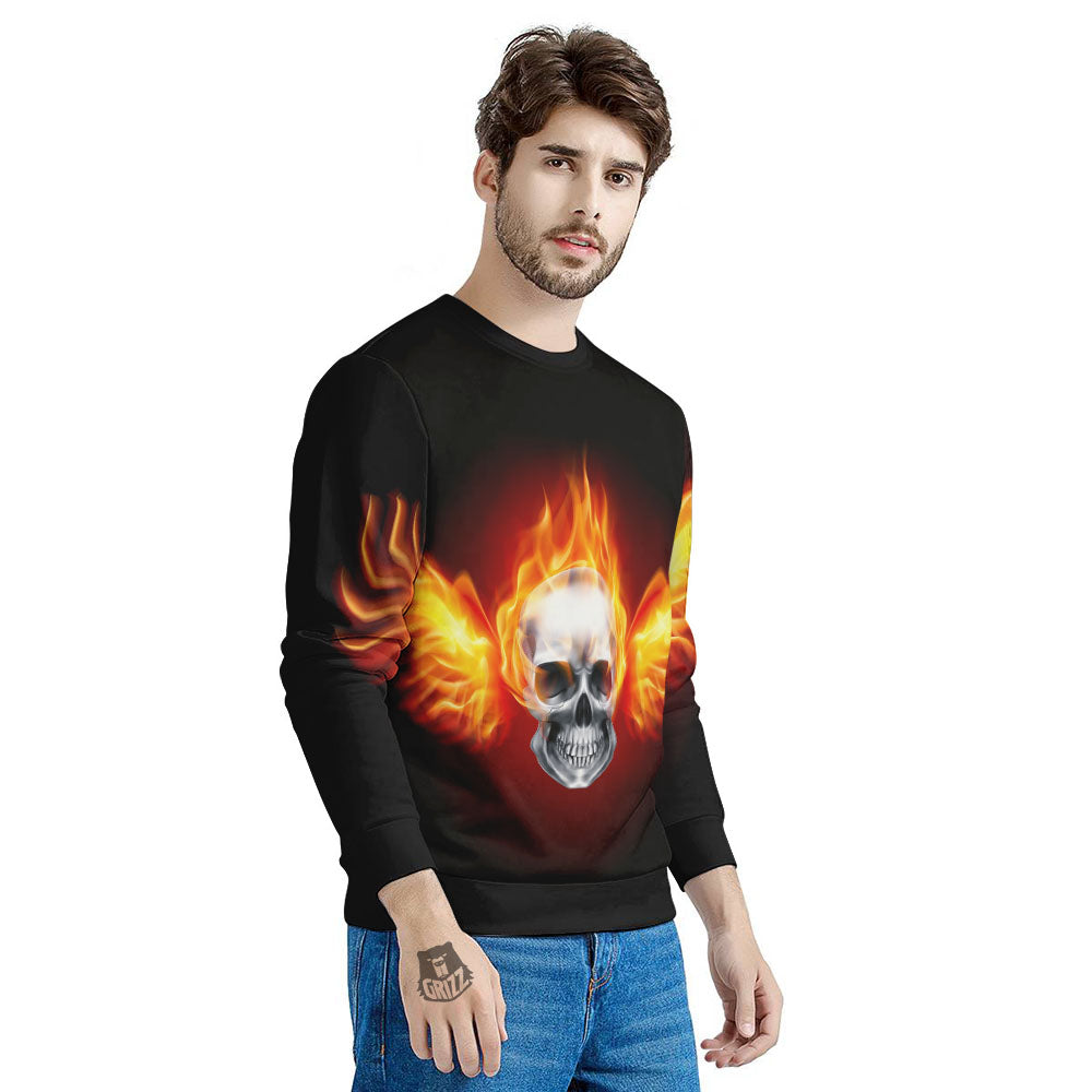 Fire Wings With Flaming Skull Print Men's Sweatshirt-grizzshop