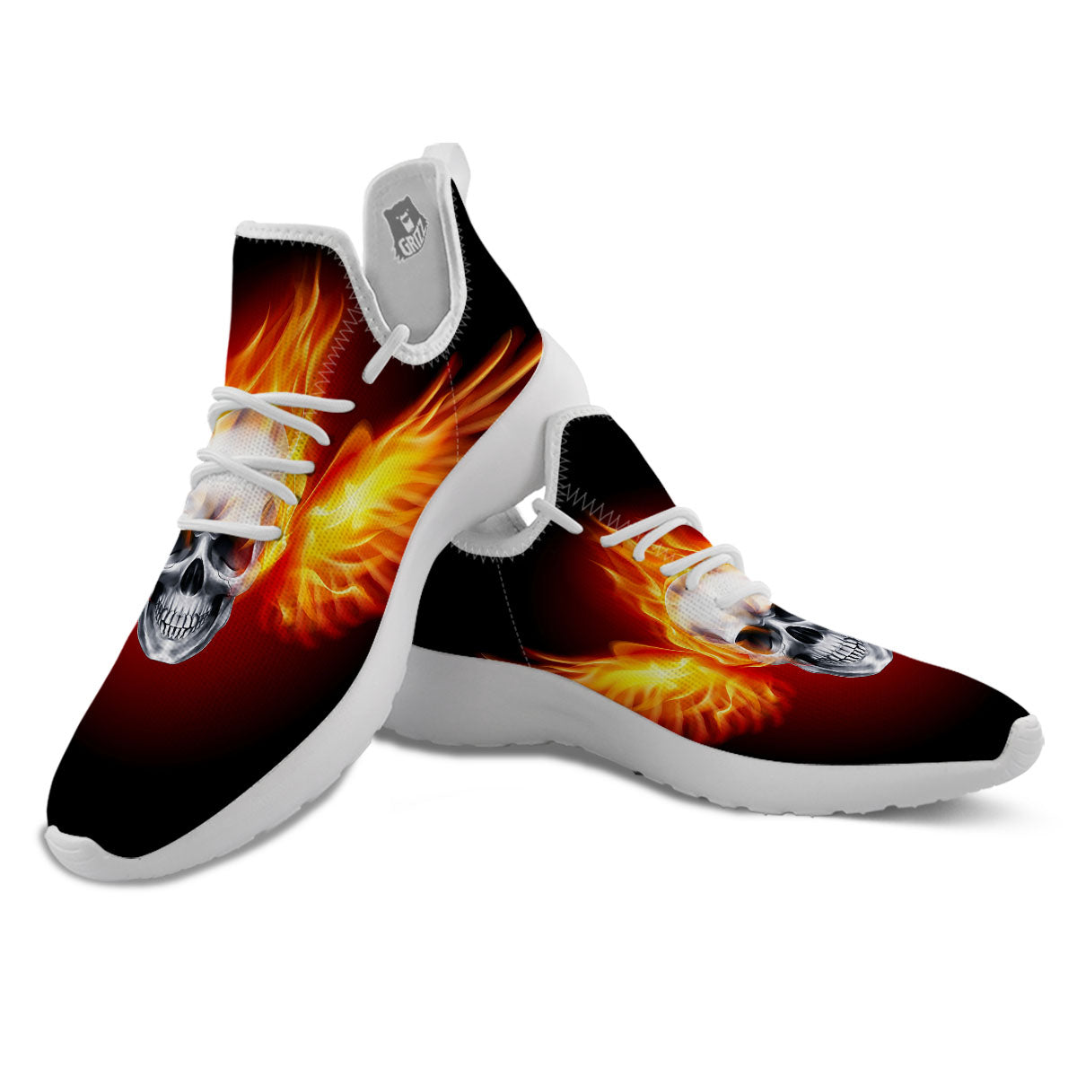Fire Wings With Flaming Skull Print White Athletic Shoes-grizzshop