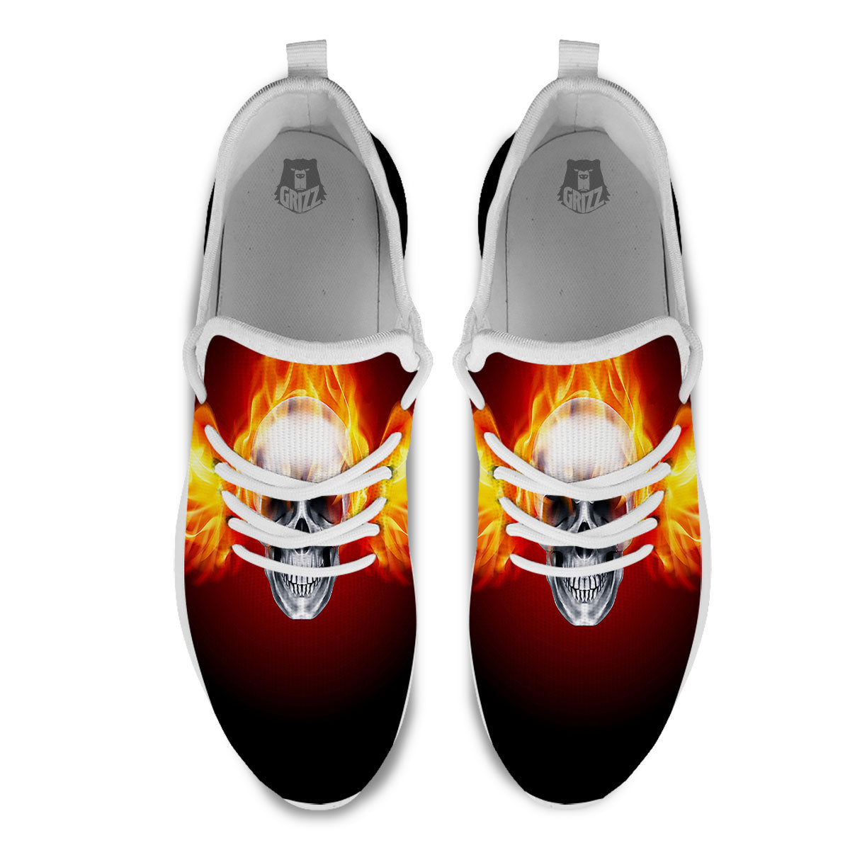 Fire Wings With Flaming Skull Print White Athletic Shoes-grizzshop