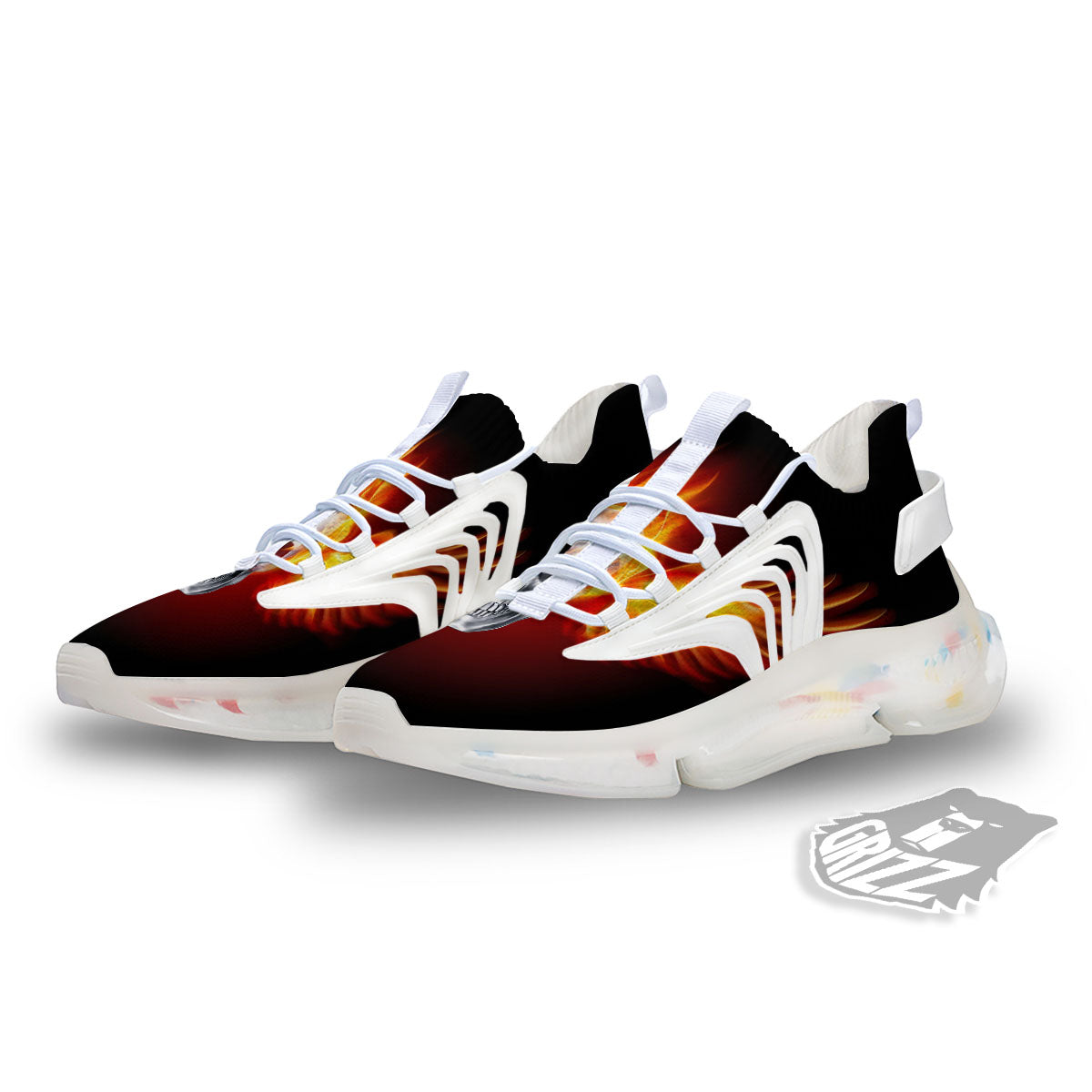 Fire Wings With Flaming Skull Print White Gym Shoes-grizzshop