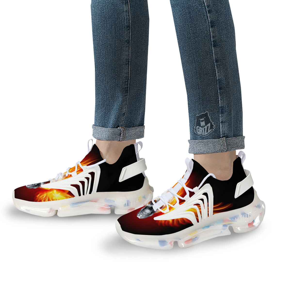 Fire Wings With Flaming Skull Print White Gym Shoes-grizzshop