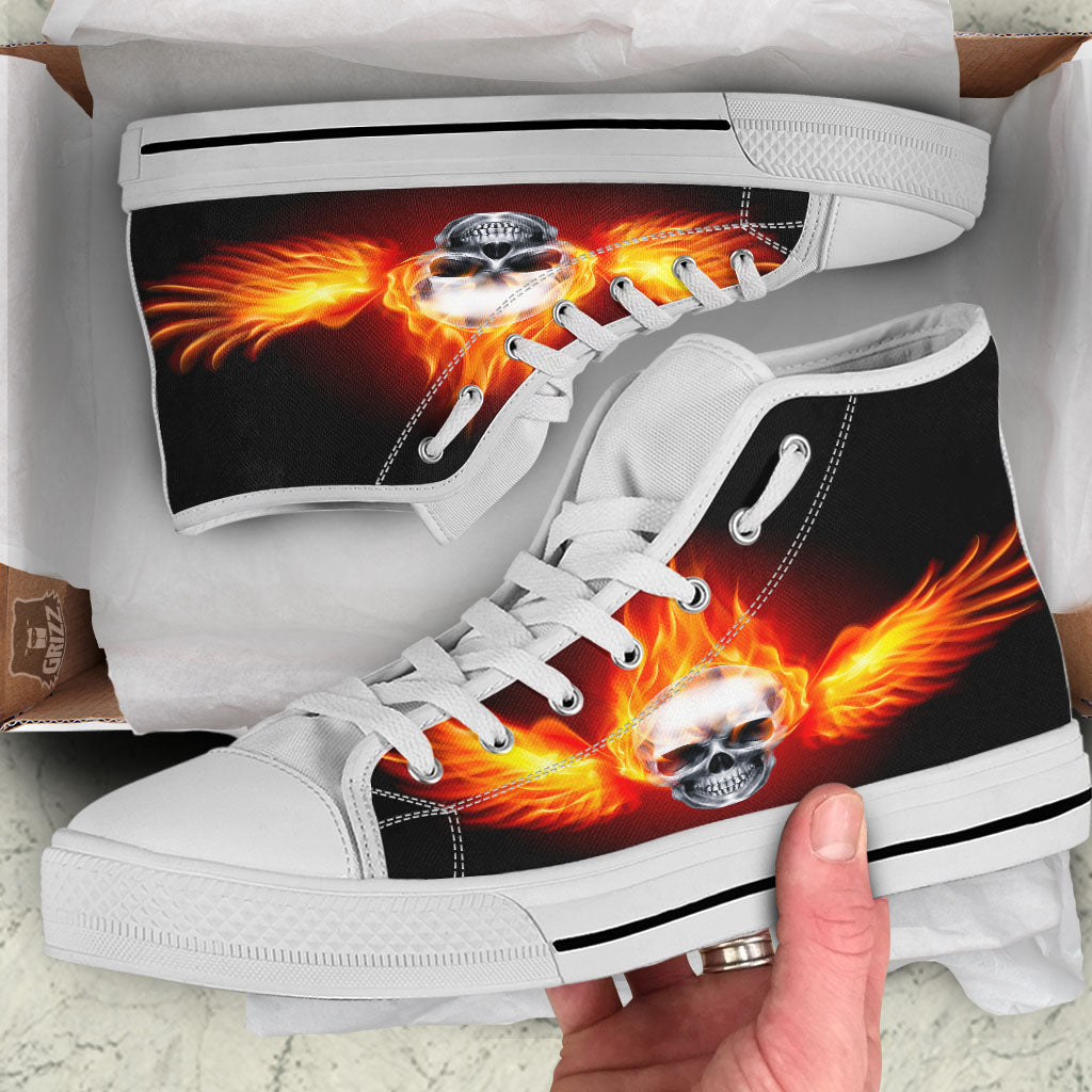 Fire Wings With Flaming Skull Print White High Top Shoes-grizzshop