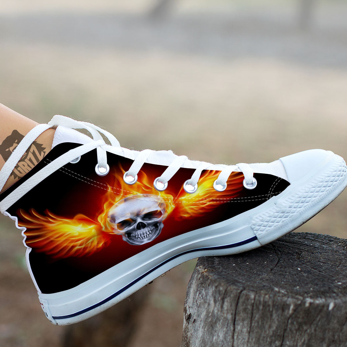 Fire Wings With Flaming Skull Print White High Top Shoes-grizzshop