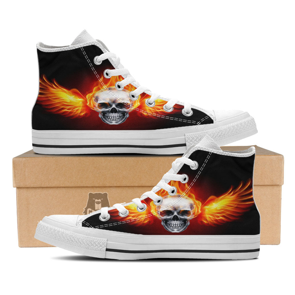 Fire Wings With Flaming Skull Print White High Top Shoes-grizzshop