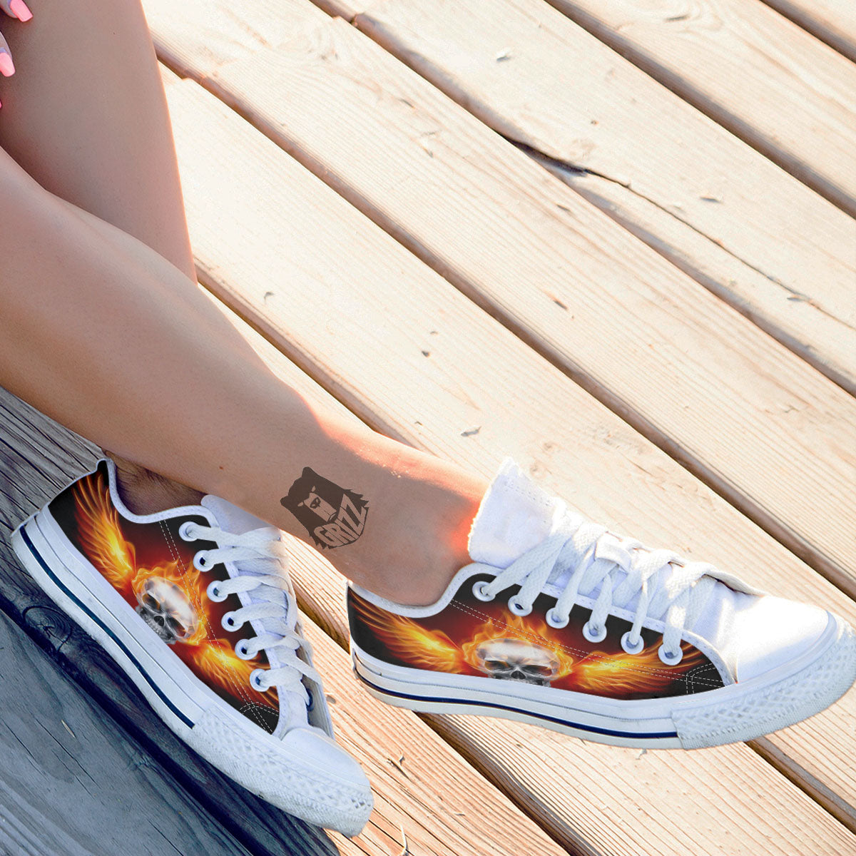 Fire Wings With Flaming Skull Print White Low Top Shoes-grizzshop