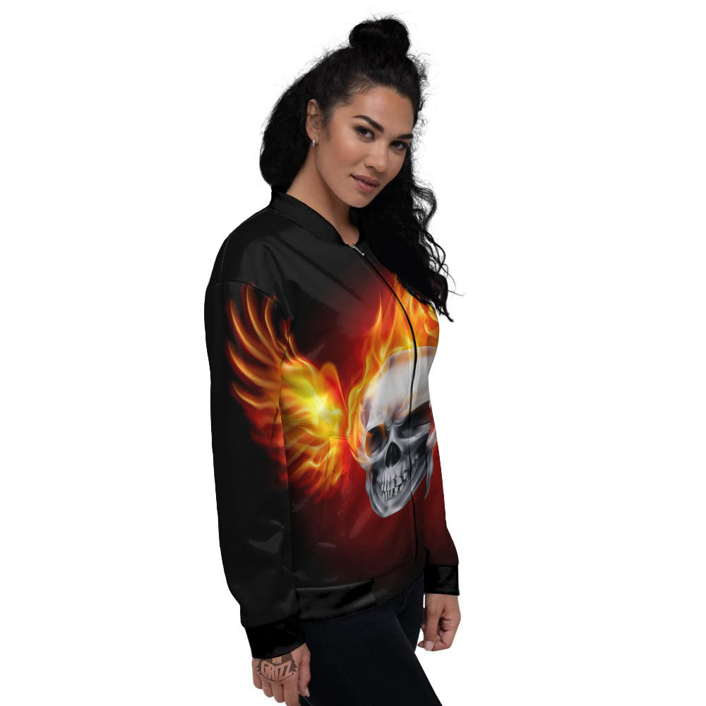 Fire Wings With Flaming Skull Print Women's Bomber Jacket-grizzshop