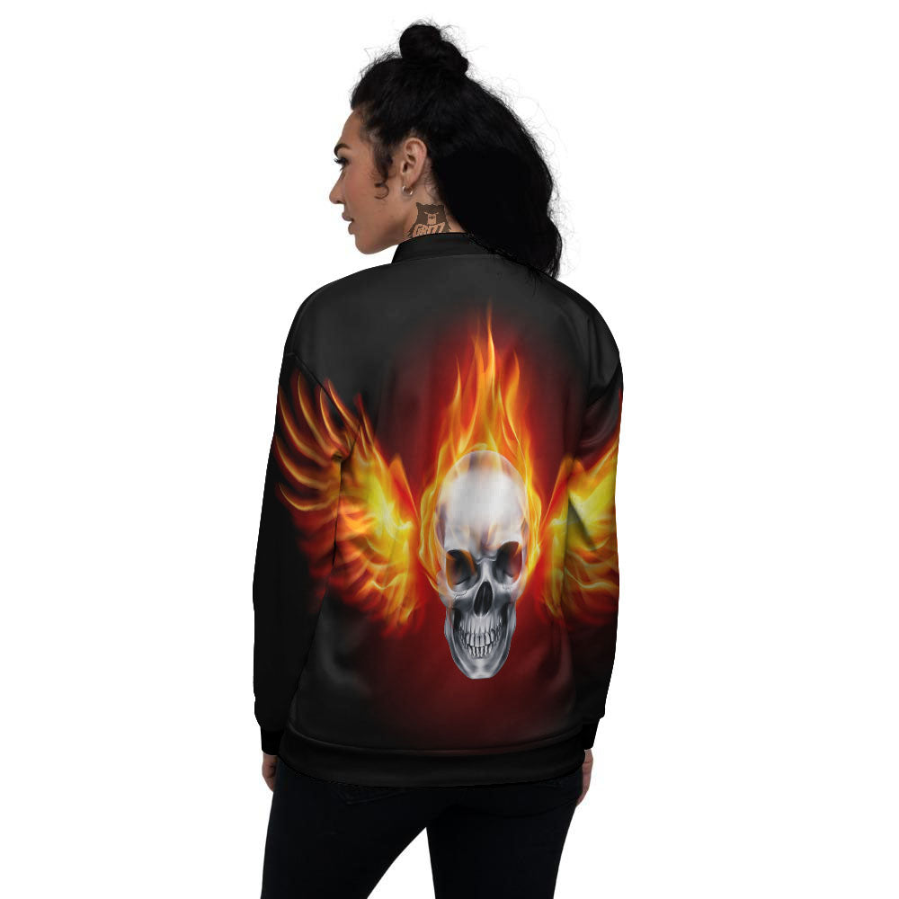 Fire Wings With Flaming Skull Print Women's Bomber Jacket-grizzshop