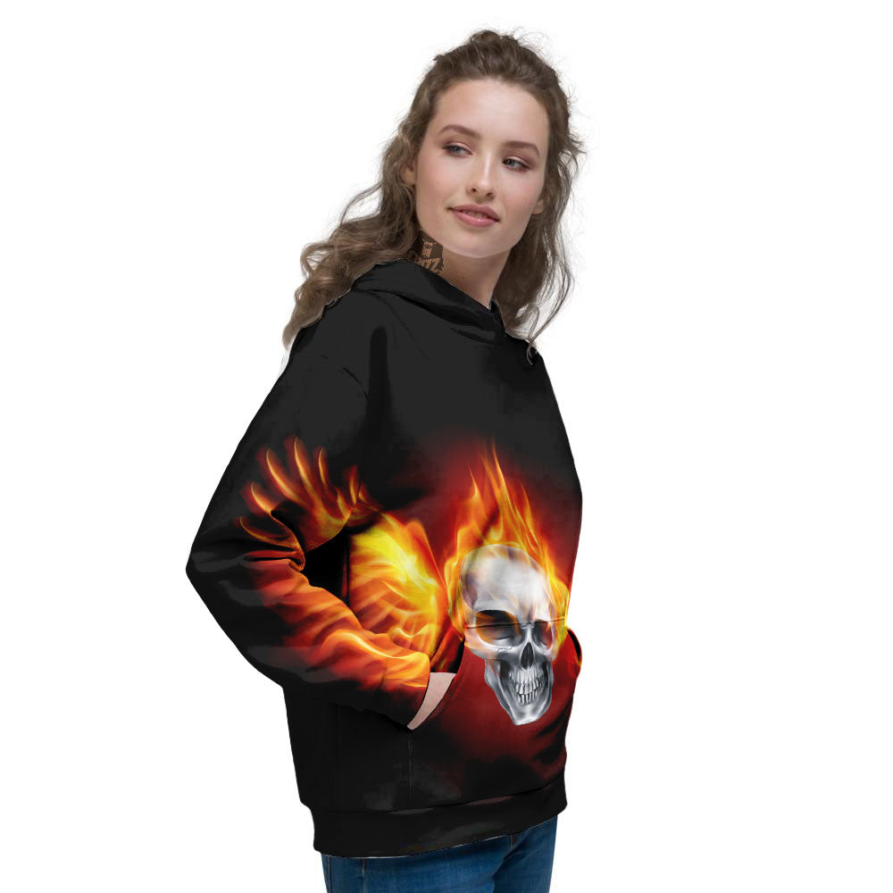 Fire Wings With Flaming Skull Print Women's Hoodie-grizzshop