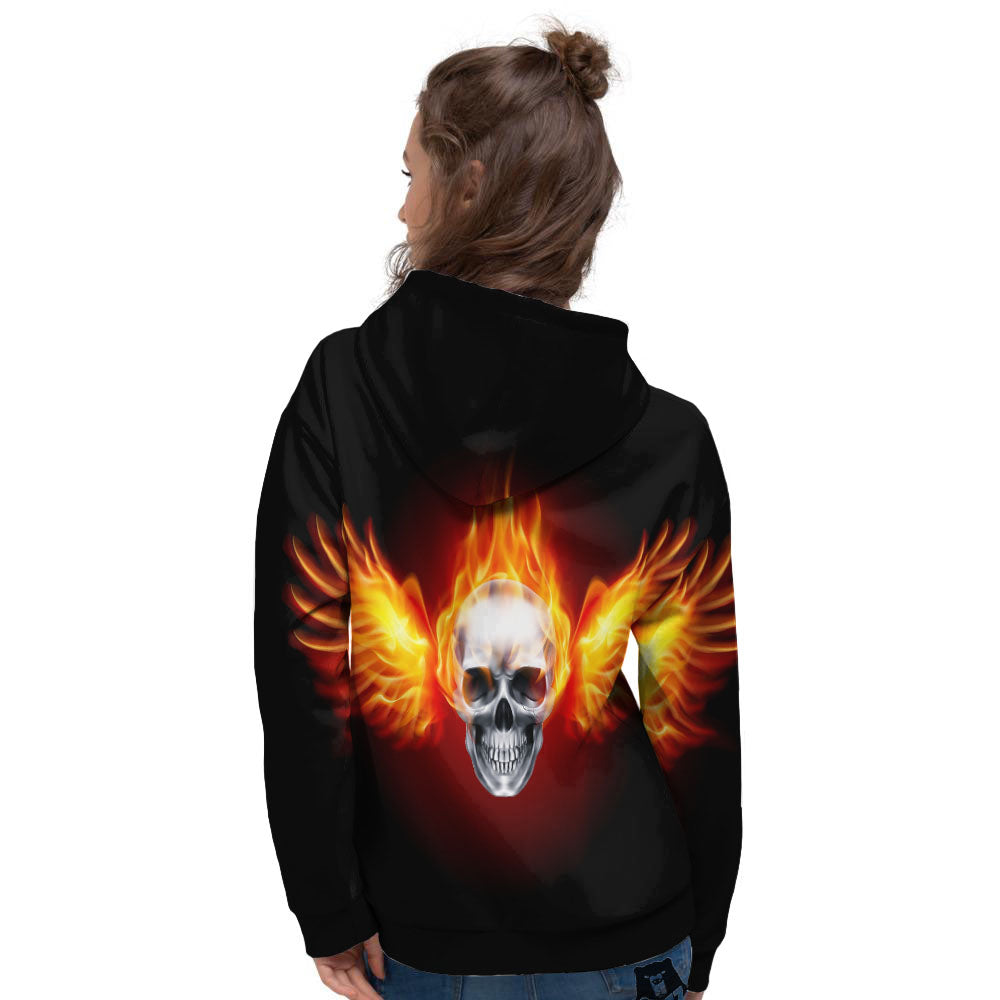 Fire Wings With Flaming Skull Print Women's Hoodie-grizzshop