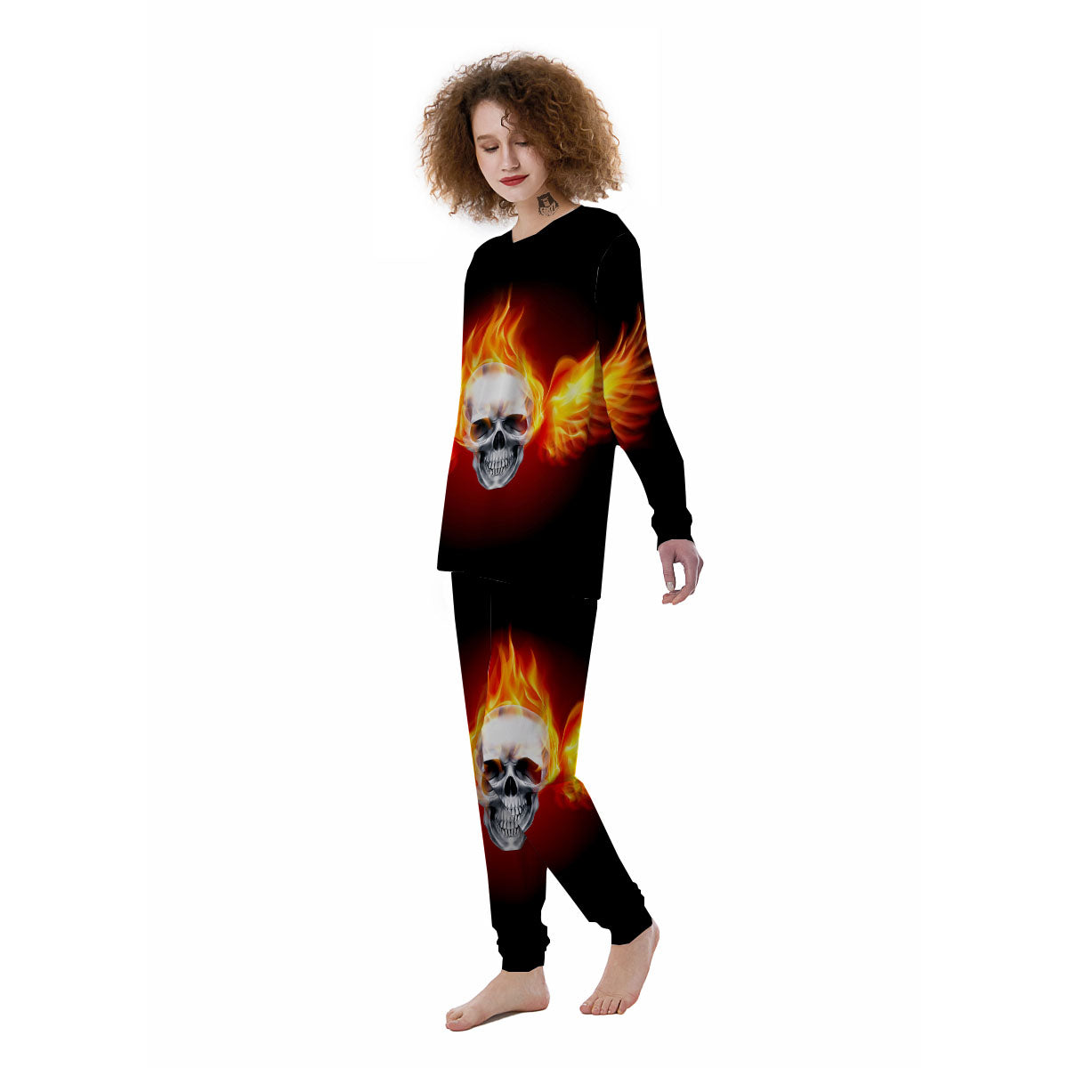 Fire Wings With Flaming Skull Print Women's Pajamas-grizzshop