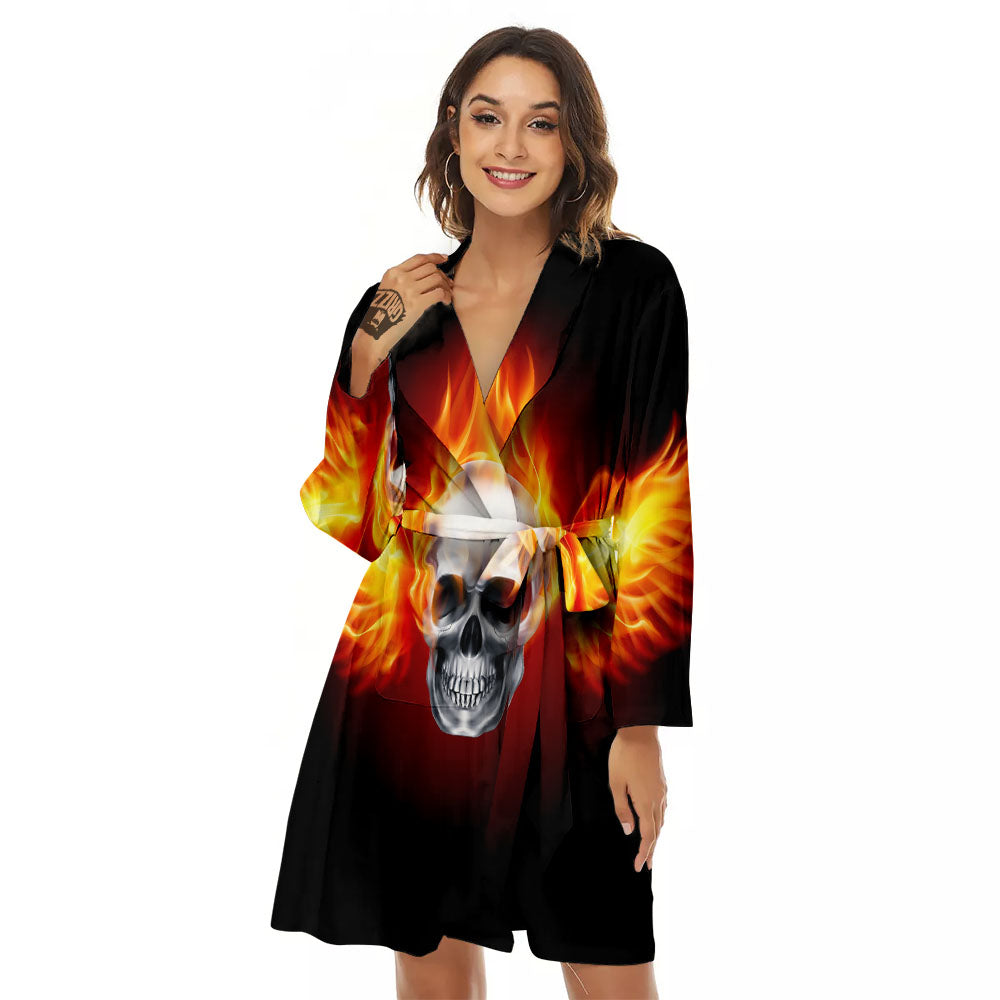 Fire Wings With Flaming Skull Print Women's Robe-grizzshop