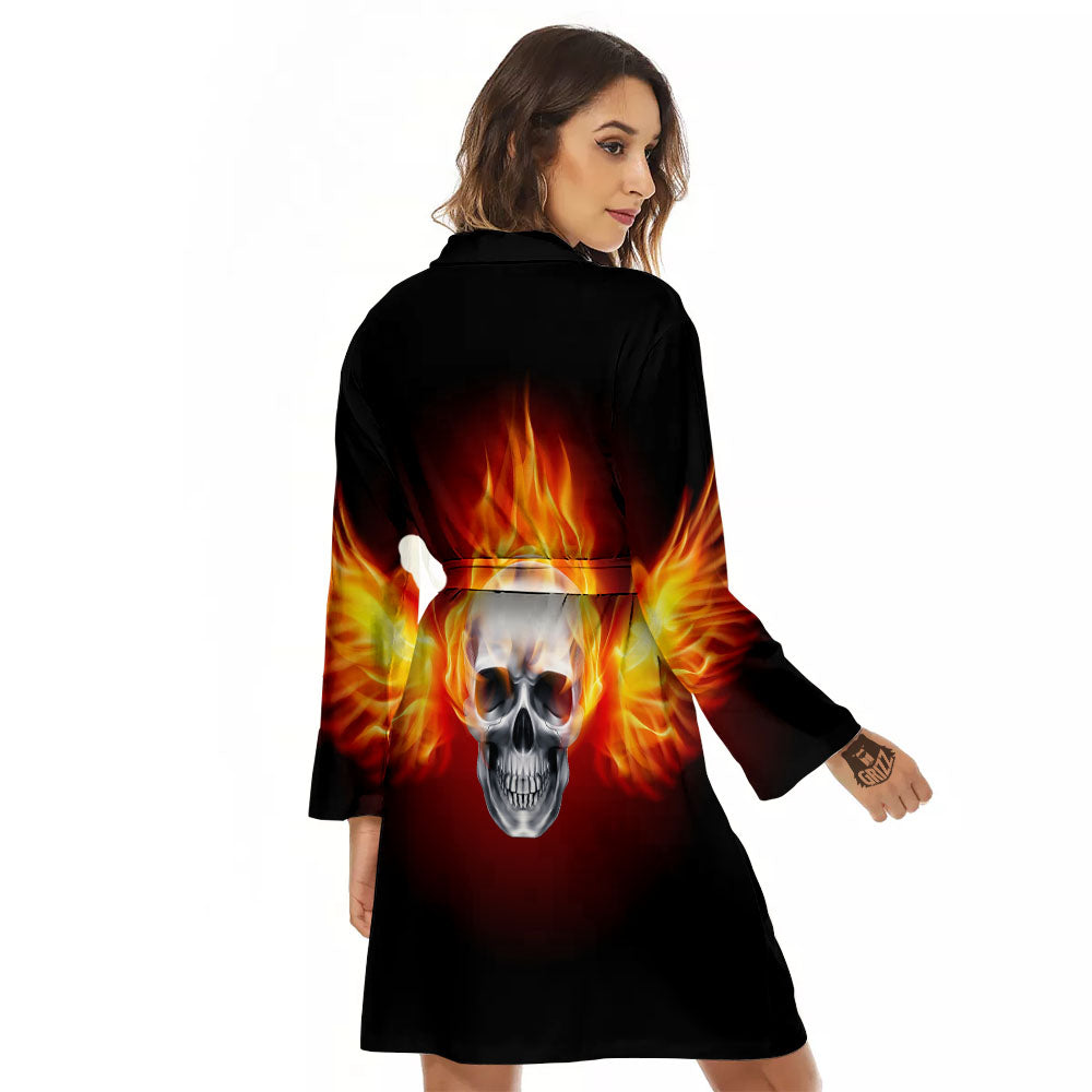 Fire Wings With Flaming Skull Print Women's Robe-grizzshop