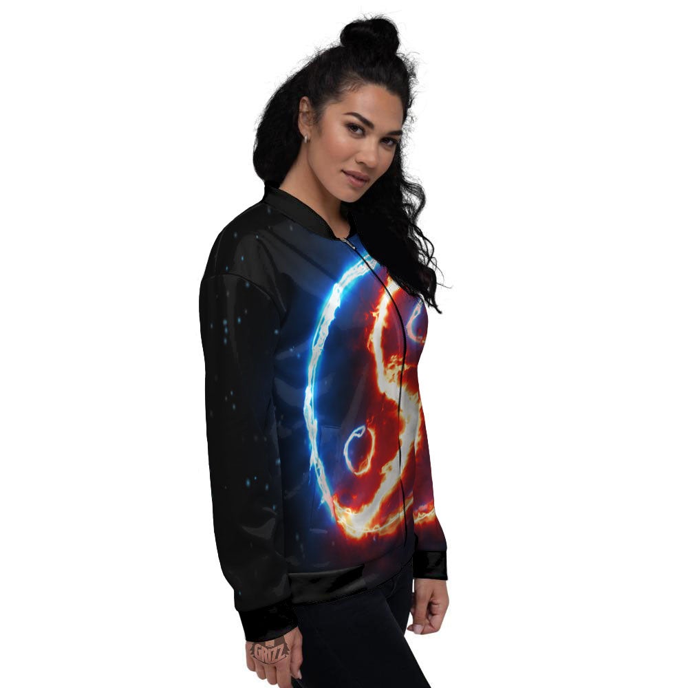 Fire Yin Yang Blue And Red Print Women's Bomber Jacket-grizzshop
