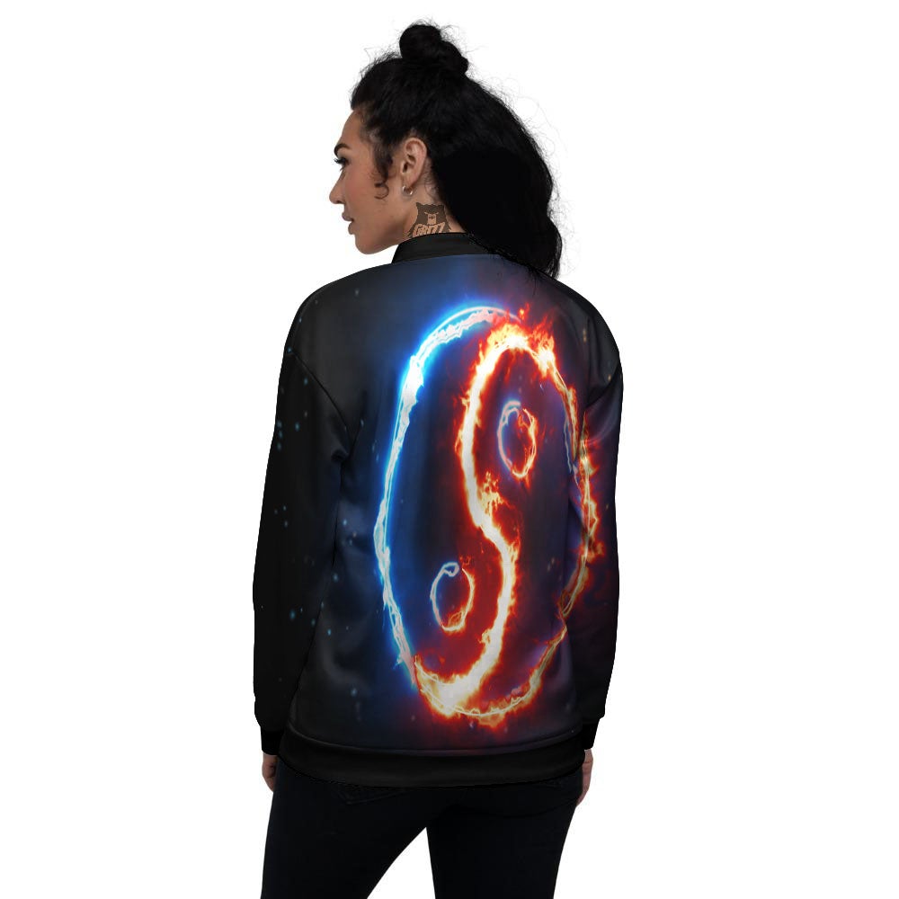 Fire Yin Yang Blue And Red Print Women's Bomber Jacket-grizzshop