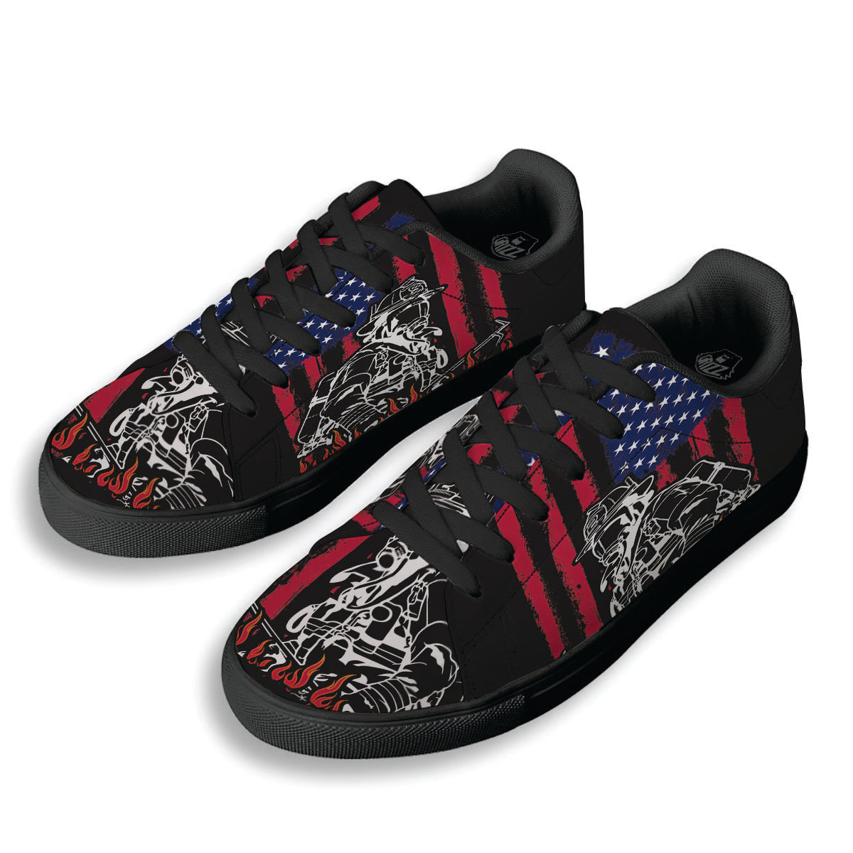 Firefighter Emblem American Print Black Low Top Sneakers-grizzshop