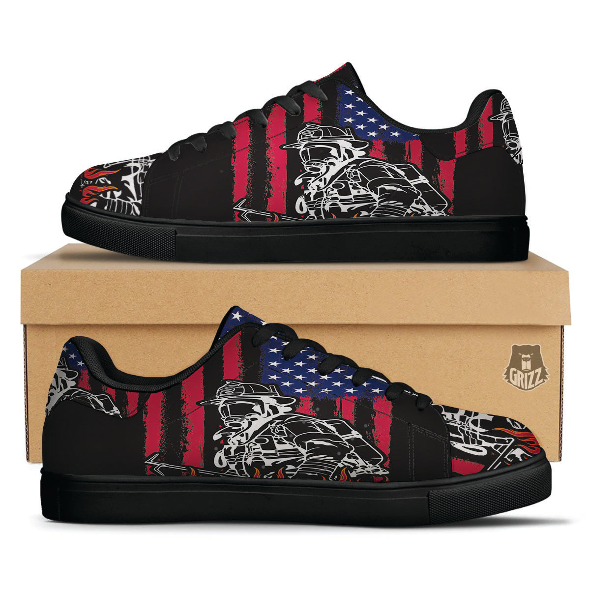 Firefighter Emblem American Print Black Low Top Sneakers-grizzshop