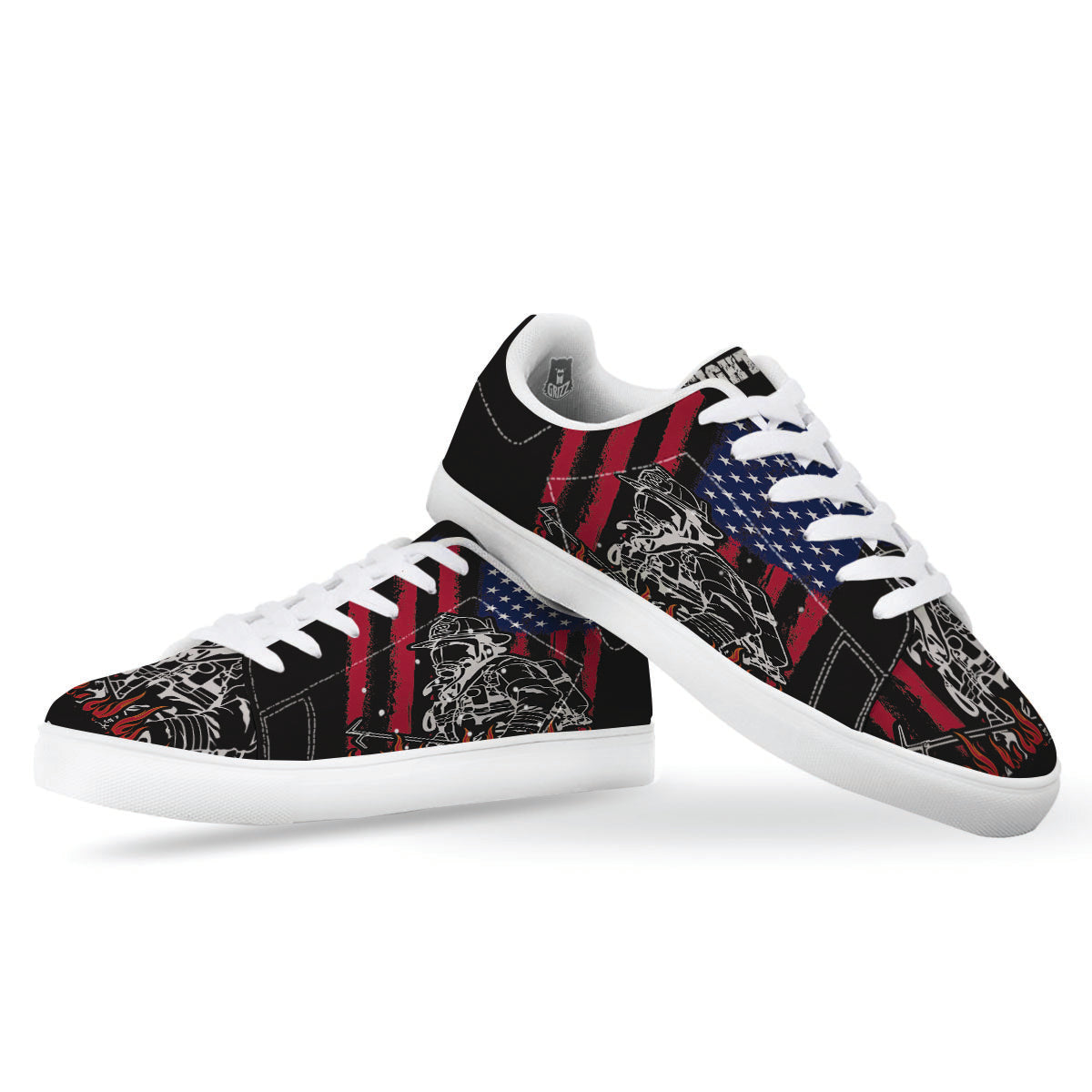 Firefighter Emblem American Print White Low Top Sneakers-grizzshop
